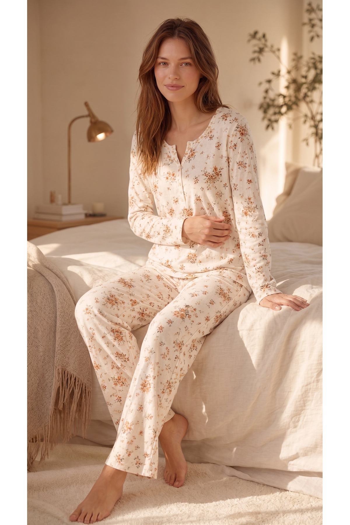 %100 Pamuk Uzun Kol Kadın Pijama Takımı 98288 3