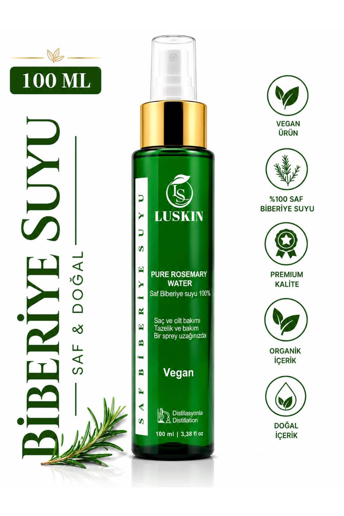 LUKSKIN هیدروسل رزماری ۱۰۰٪ طبیعی - اسپری آب رزماری خالص تک ماده‌ای، هیدروسل گیاهی ۲ عدد ۱۰۰ میلی‌لیتری - ۴۷