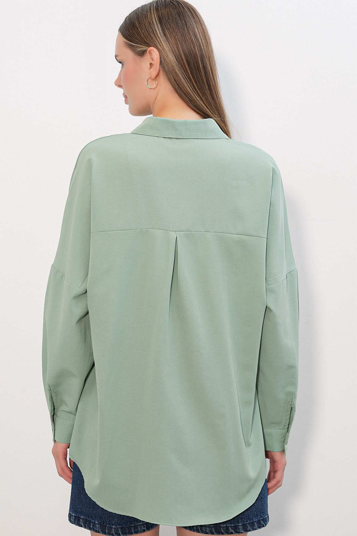 Bigdart 3900 Oversize Uzun Basic Gömlek - Su Yeşili görsel 6