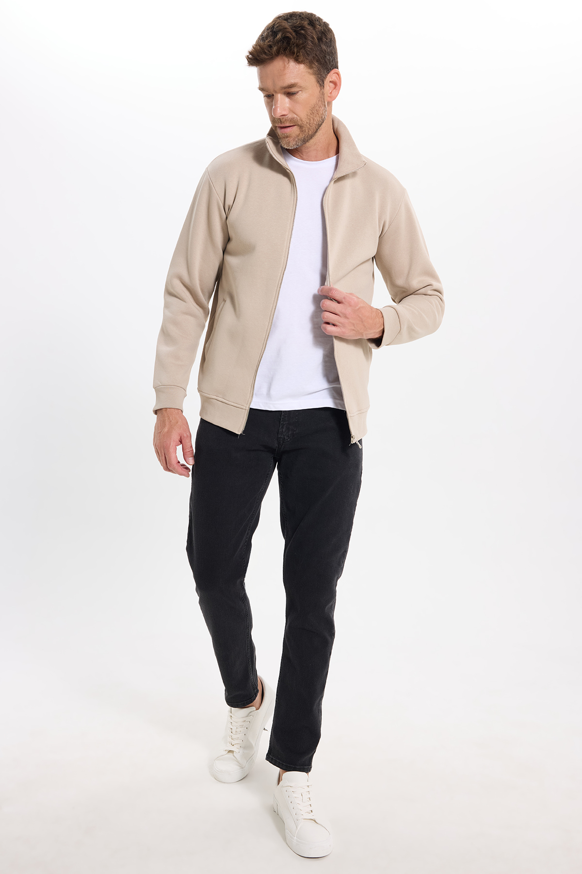 Unisex Relax Fit Rahat Kesim Pamuklu 3 İplik İçi Polarlı Fermuarlı Cepli Taş  Sweatshirt Hırka — رنگارنگ SW250014 — تصویر 3 از 9