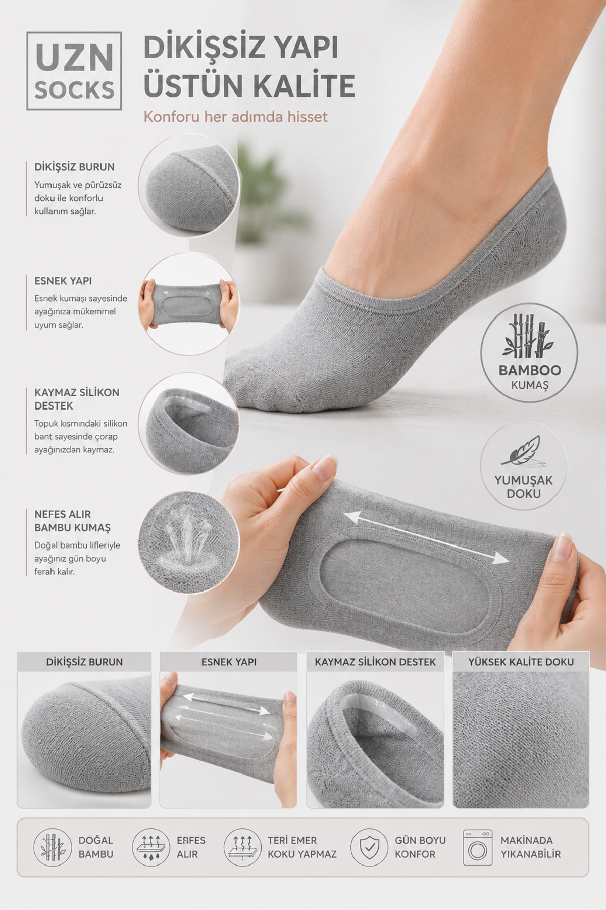 UZN SOCKS 5’Lİ Gri Dikişsiz Silikonlu Kaymaz Babet Çorap görsel 2