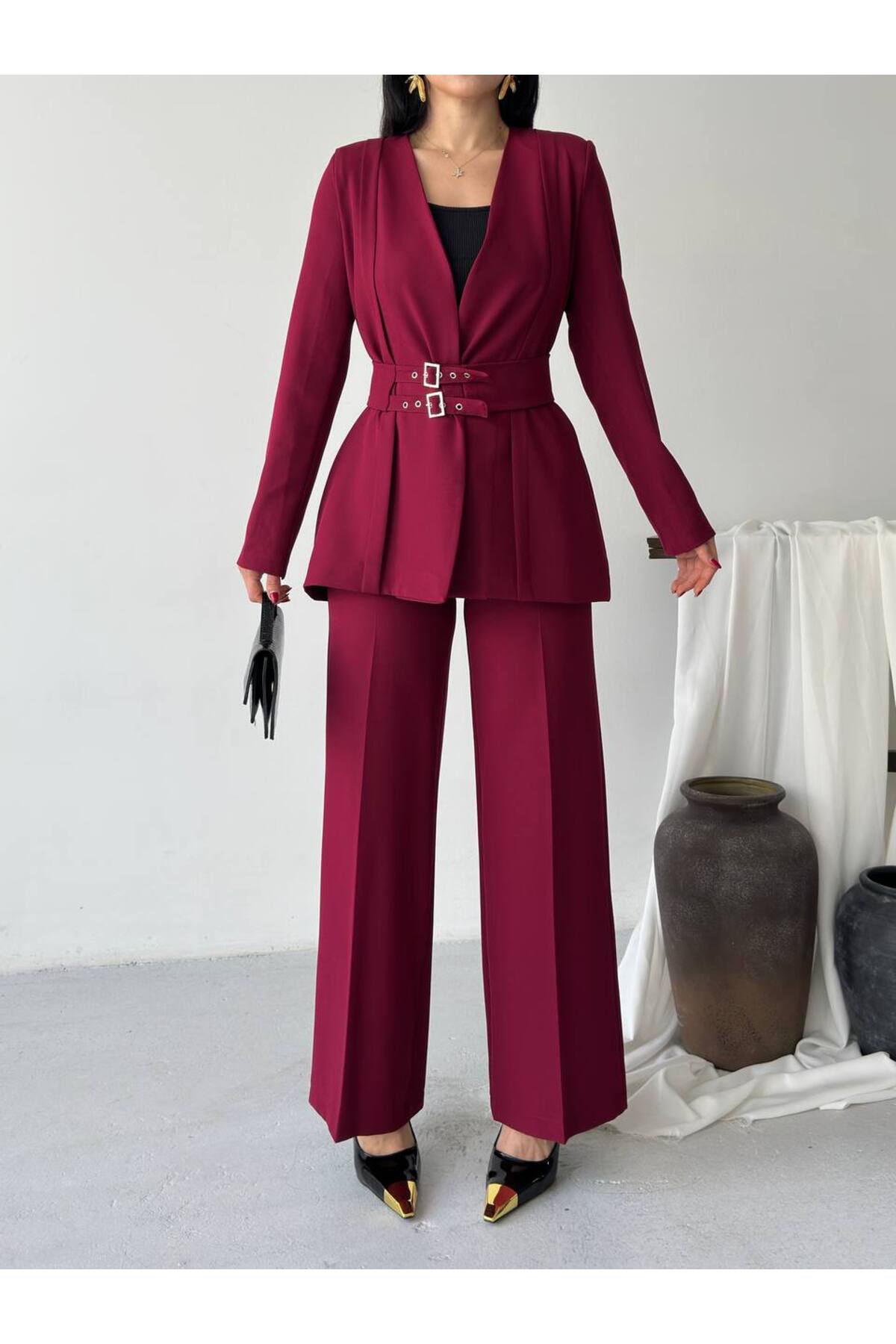Ensemble deux pièces blazer et pantalon à ceinture Premium Fit - Görsel 7