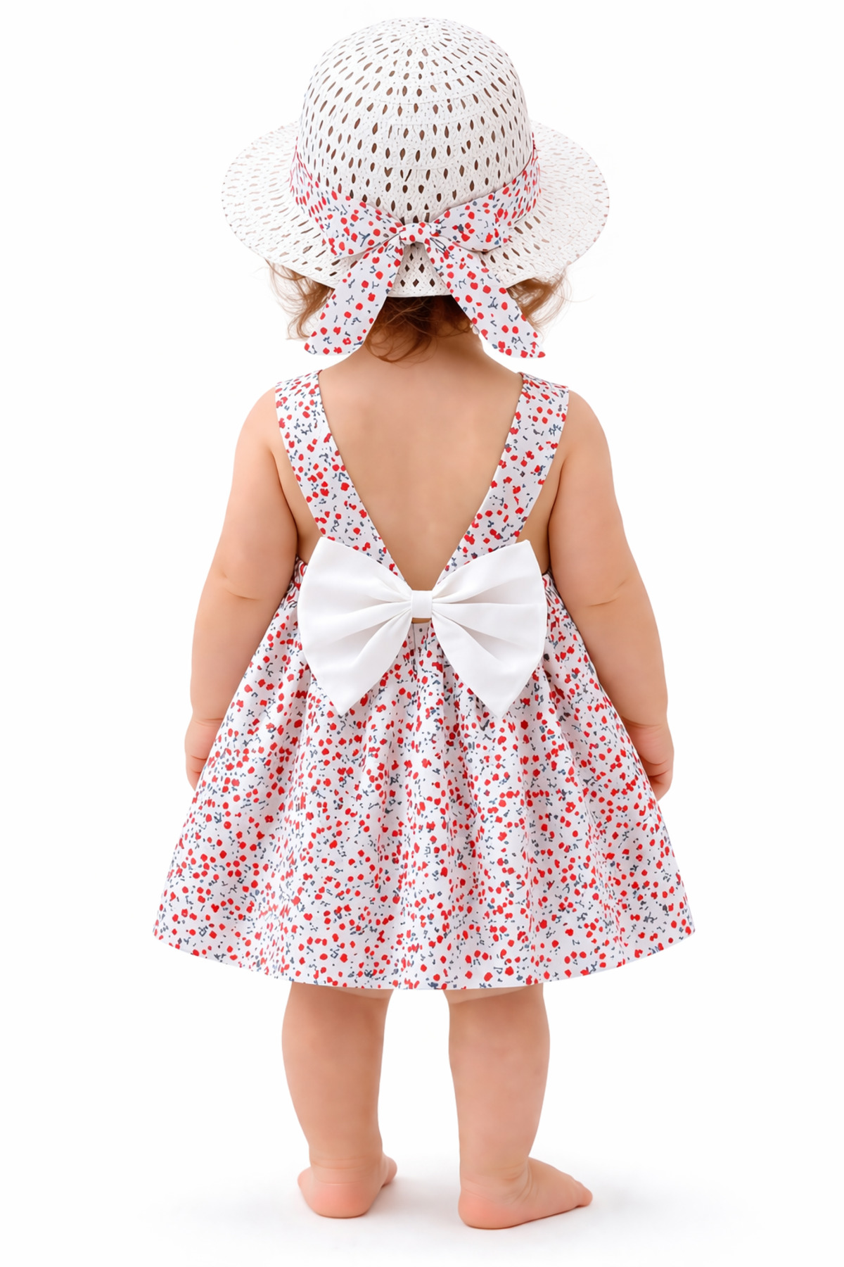 Chicsy Baby Kız Bebek Çiçek Desenli Yazlık Elbise Şapkalı Sırt Dekolteli Fiyonk Detaylı