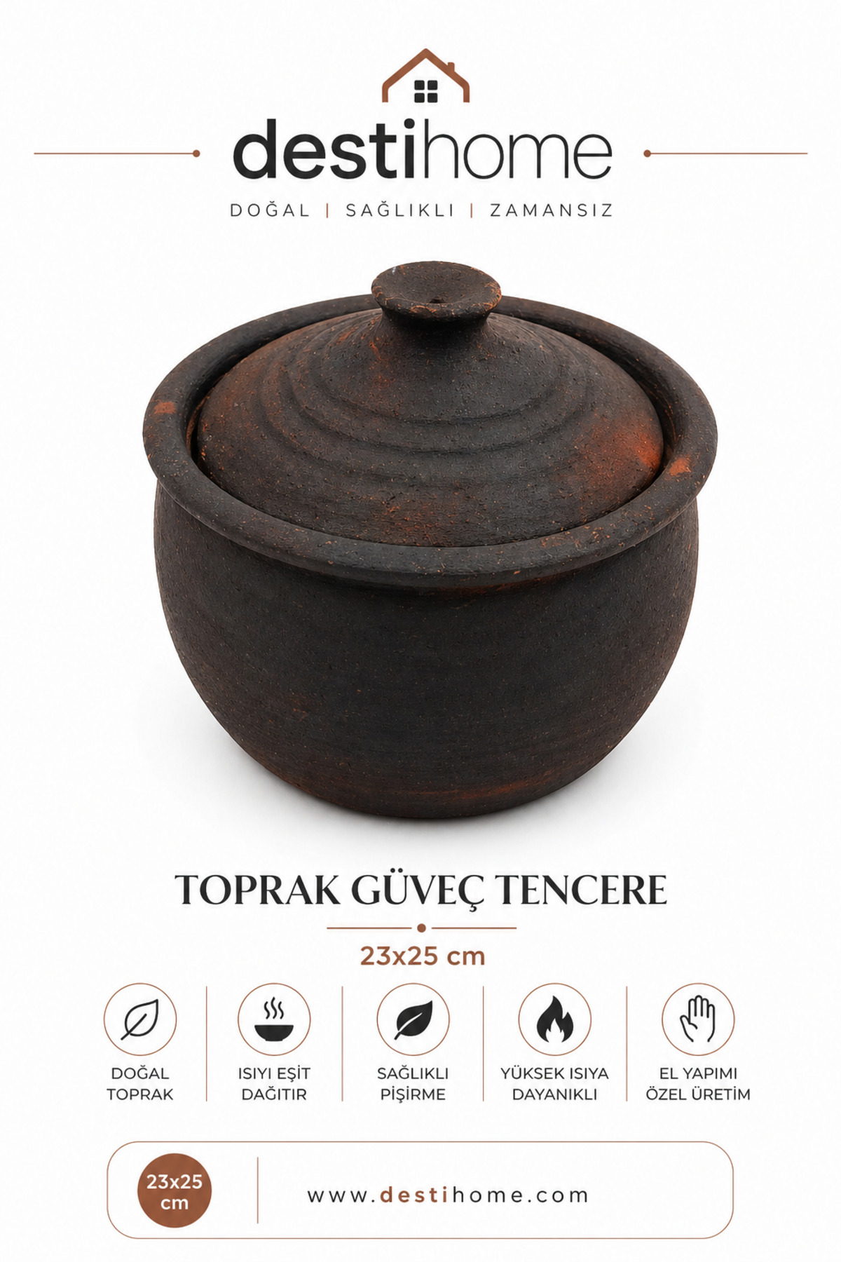 DestiHome Doğal Topraktan El Yapımı Fırınlanmış Tencere Güveç Büyük Boy( 23x25 cm 4-6 Kişilik)