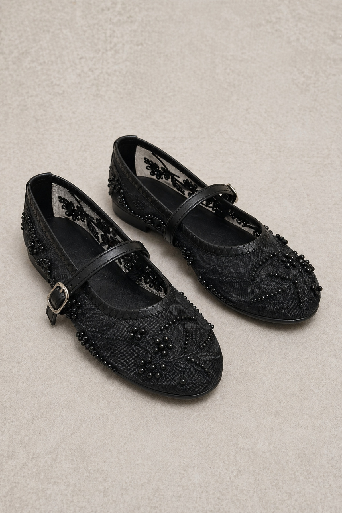 Women's Black Lace Beaded Embroidered Mesh Flat Shoes