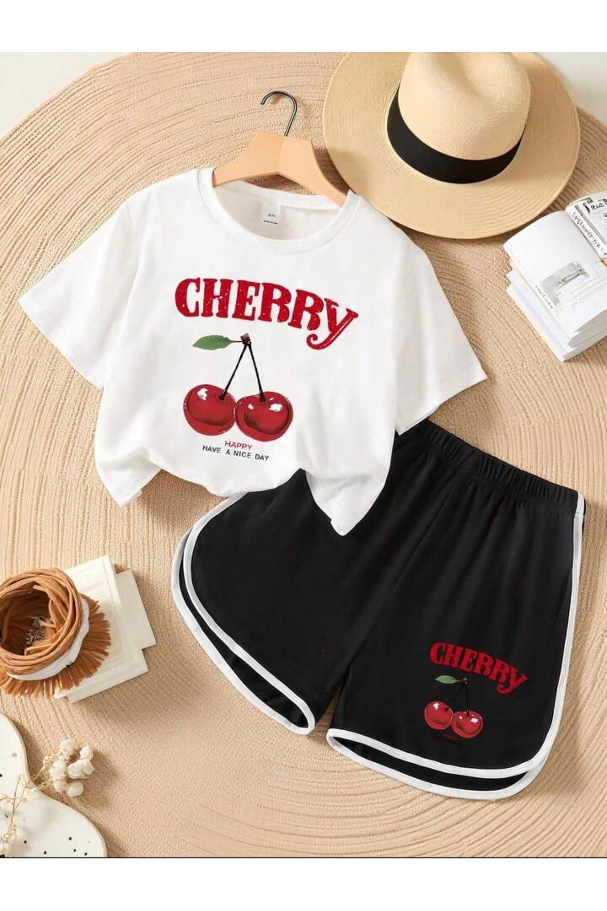 Girl Cheery Cherry Printed White - T-Shirt Shorts Set