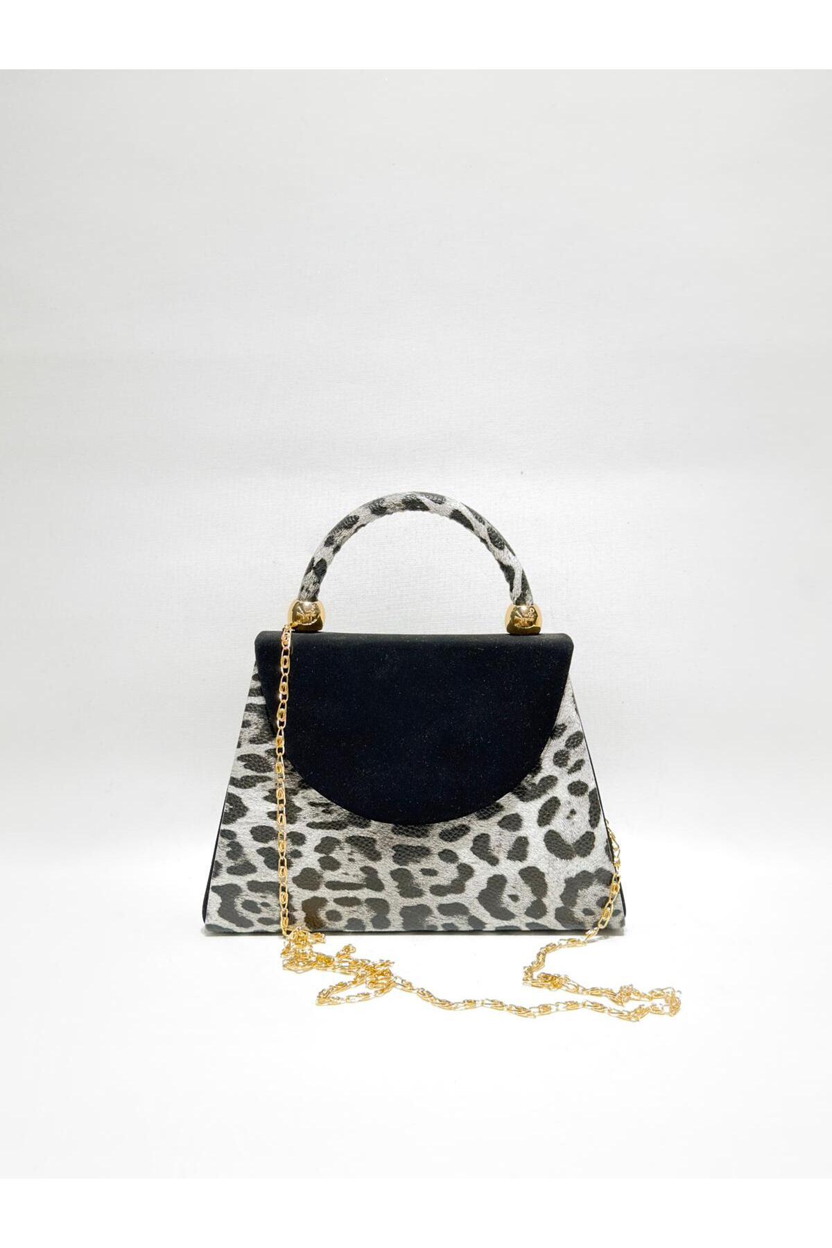 womenacs Siyah Beyaz Renk Leopar Desenli Nubuk Kapak Materyal Tasarım Abiye Clutch Zincir Askılı El Düğün Nişan Portföy Gece Çantası görsel 6