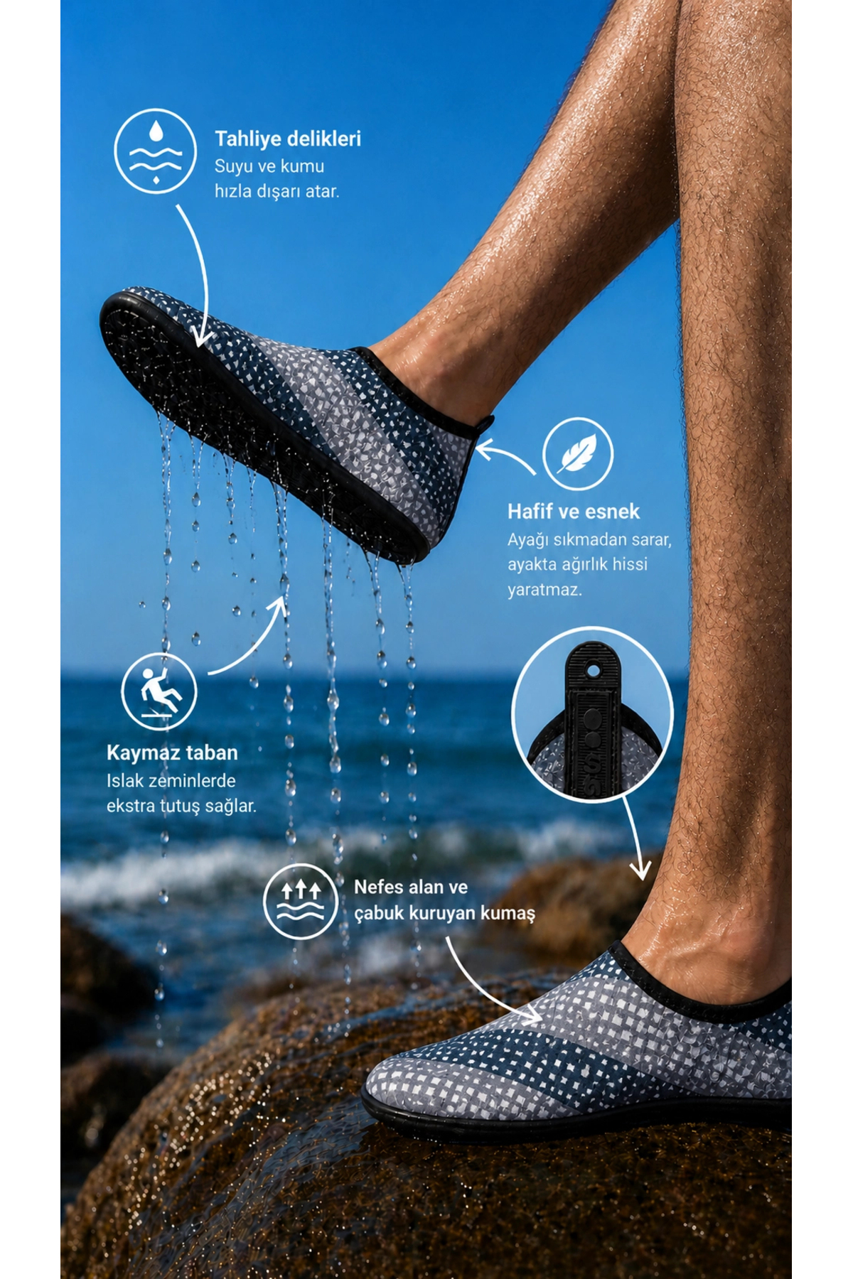 shoecide Gri Kare Desenli Erkek Deniz Ayakkabısı, Hafif, Kaydırmaz, Hızlı Kuruyan Aqua Shoes görsel 2