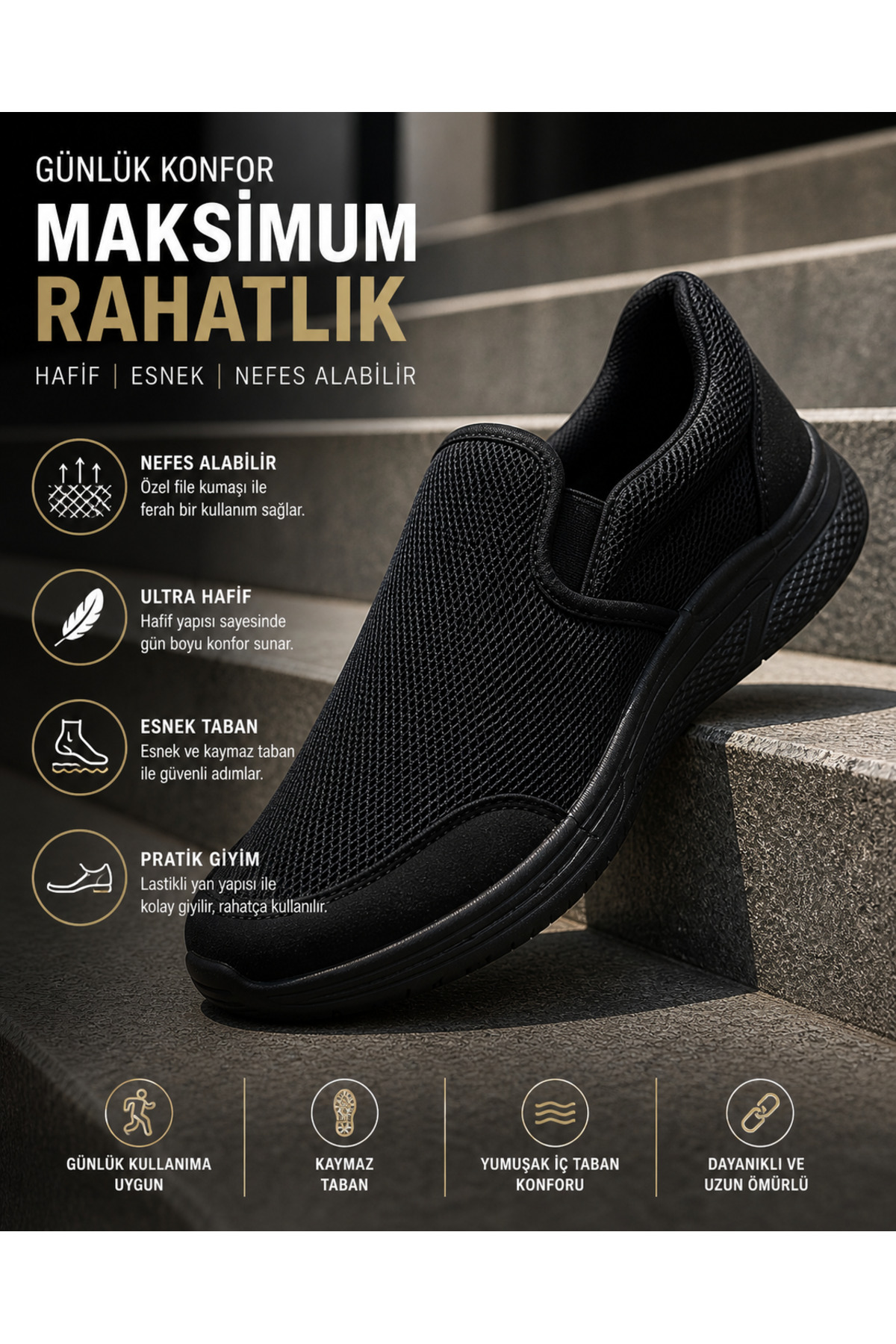 YUSE SHOES ARTSELYUN Siyah Triko Bağcıksız Hava Alabilen Spor Ayakkabı - Hafif Taban Günlük Yürüyüş Erkek Ayakkabısı görsel 4