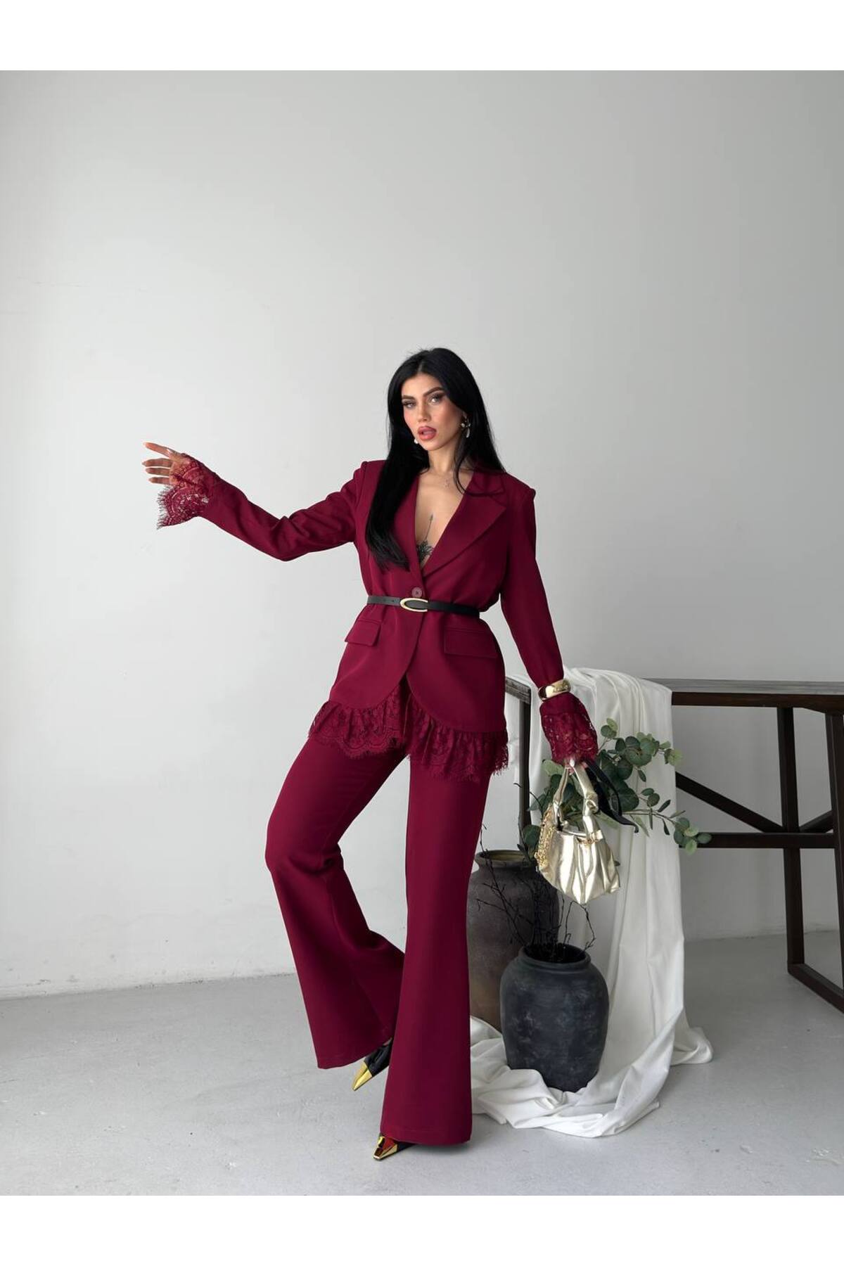 Premium Lace Detail Blazer Jacket Spanish Hem Trousers Set - Görsel 5