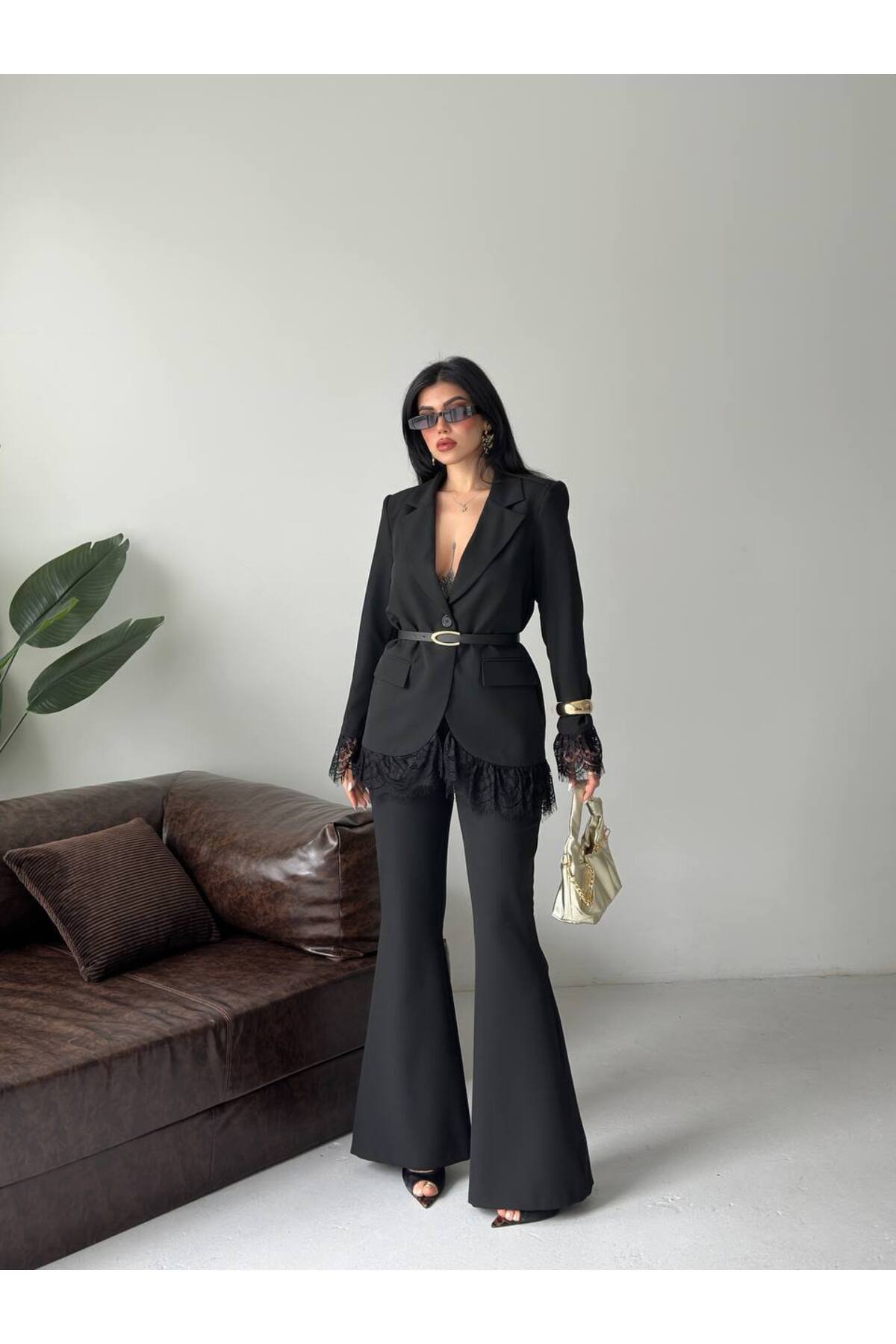 Ensemble Blazer à Détails Dentelle & Pantalon à Pattes d'Éléphant Premium - Görsel 4