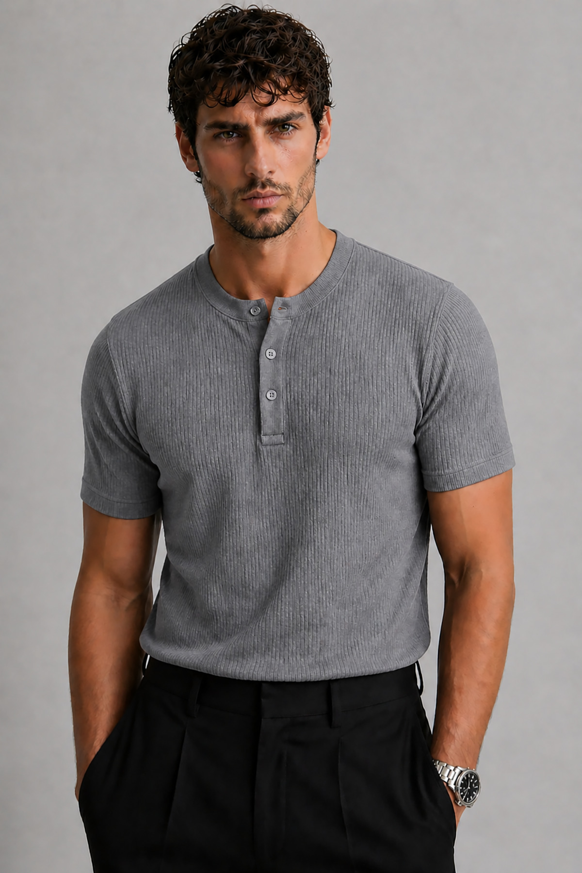 Men's Grey Henley Neck Short Sleeve Premium Cotton Ribbed T-Shirt