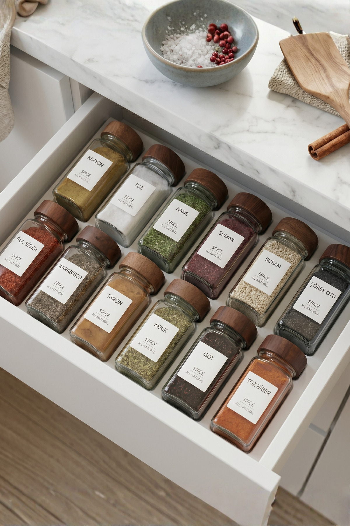 Sevinse Home Terra Set of 12 Acacia Spice Jars 120ml