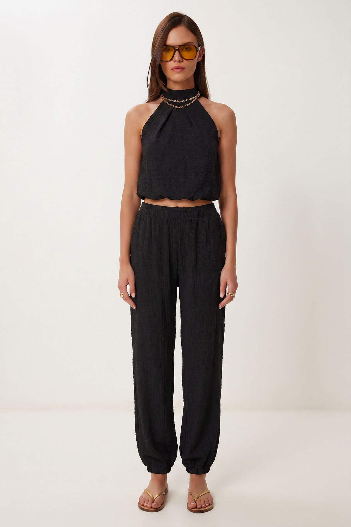 Halter Collar Blouse Pants Crinkle Suit LFW0027 BLACK