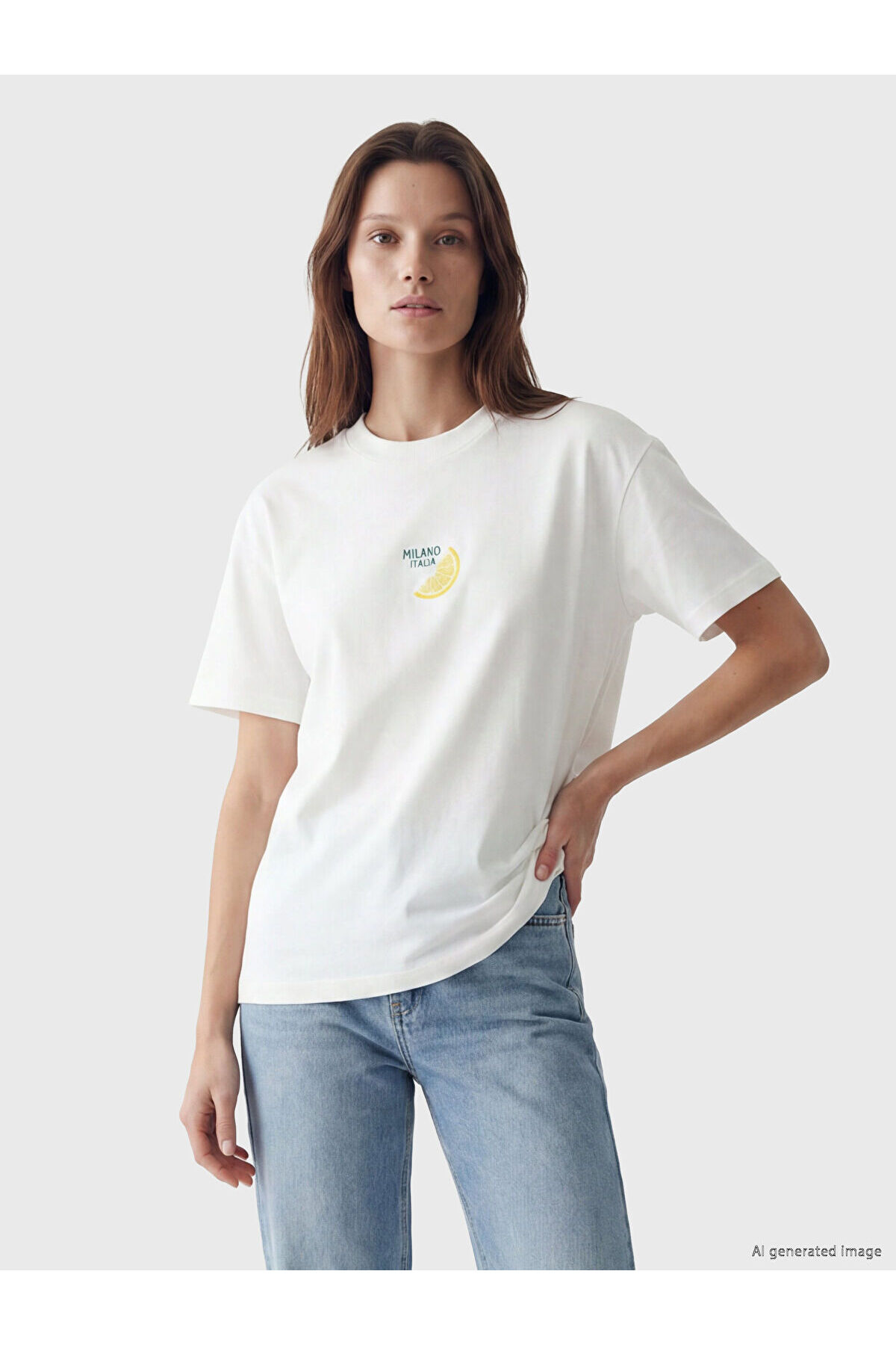 LC Waikiki Vizyon New Season Lemon Embroidered 100% Cotton Women's T-Shirt