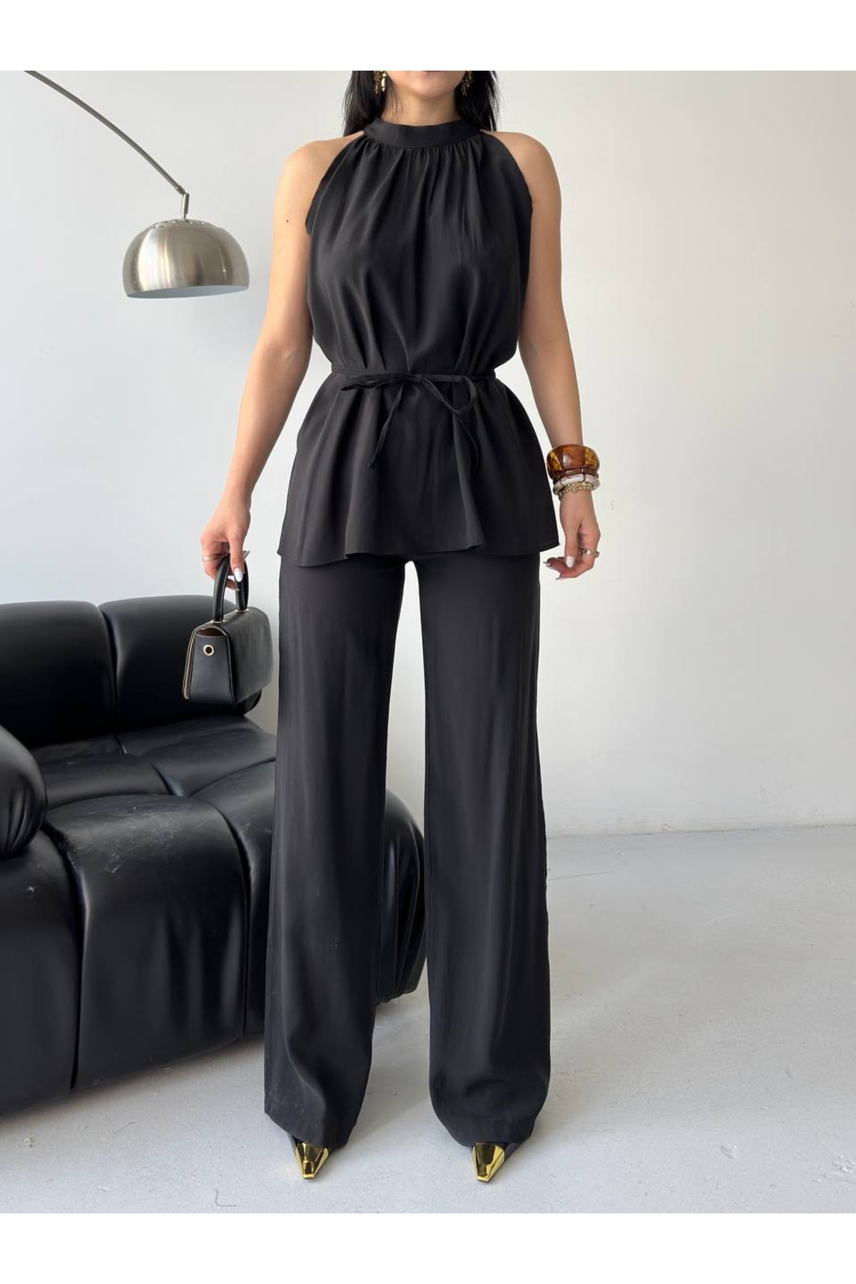 Weightlifting Collar Belted Pleated 2 Piece Modal Set