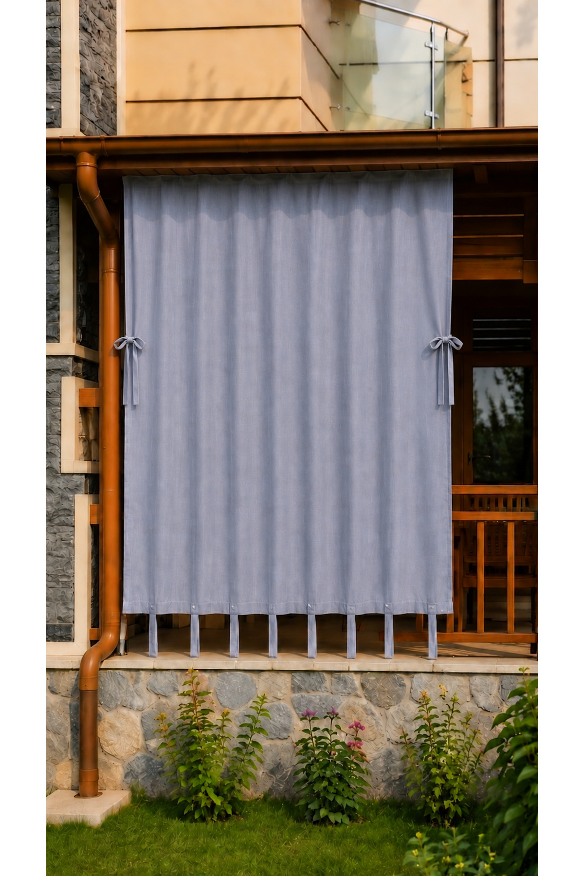 Waterproof Cornice Balcony Curtain with Decorative Stripe Model Gray
