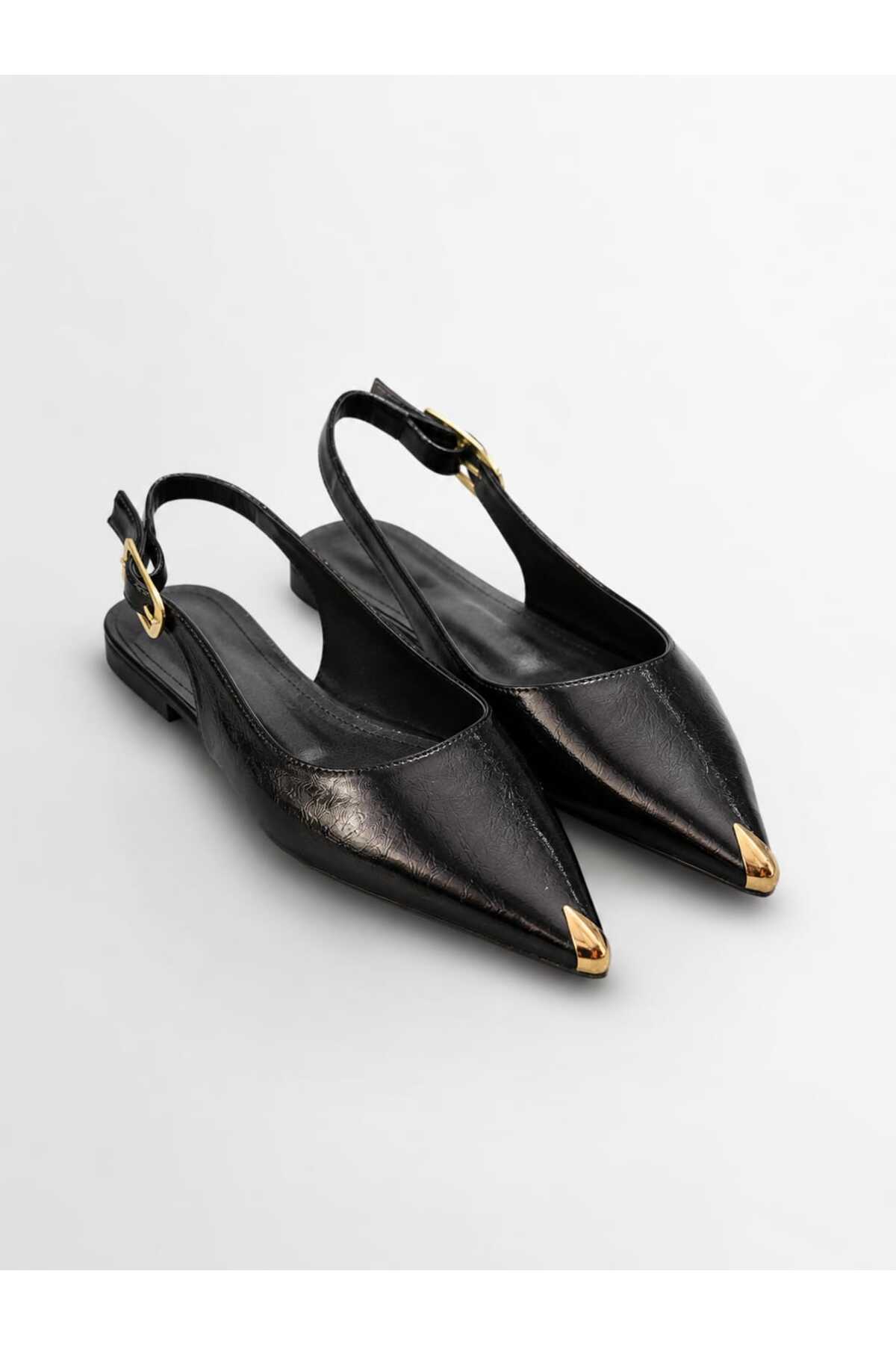 CİMİLİ SHOES Kadın Siyah Kırışık Rugan Metal Burunlu Detay Babet görsel 2