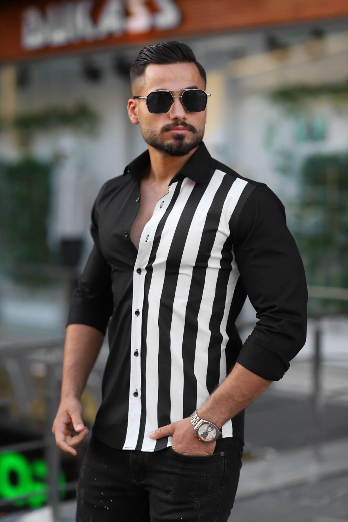 BAYIM Erkek Slim-Fit Kontrast Geniş Çizgili Premium Lüks Tasarım Gömlek