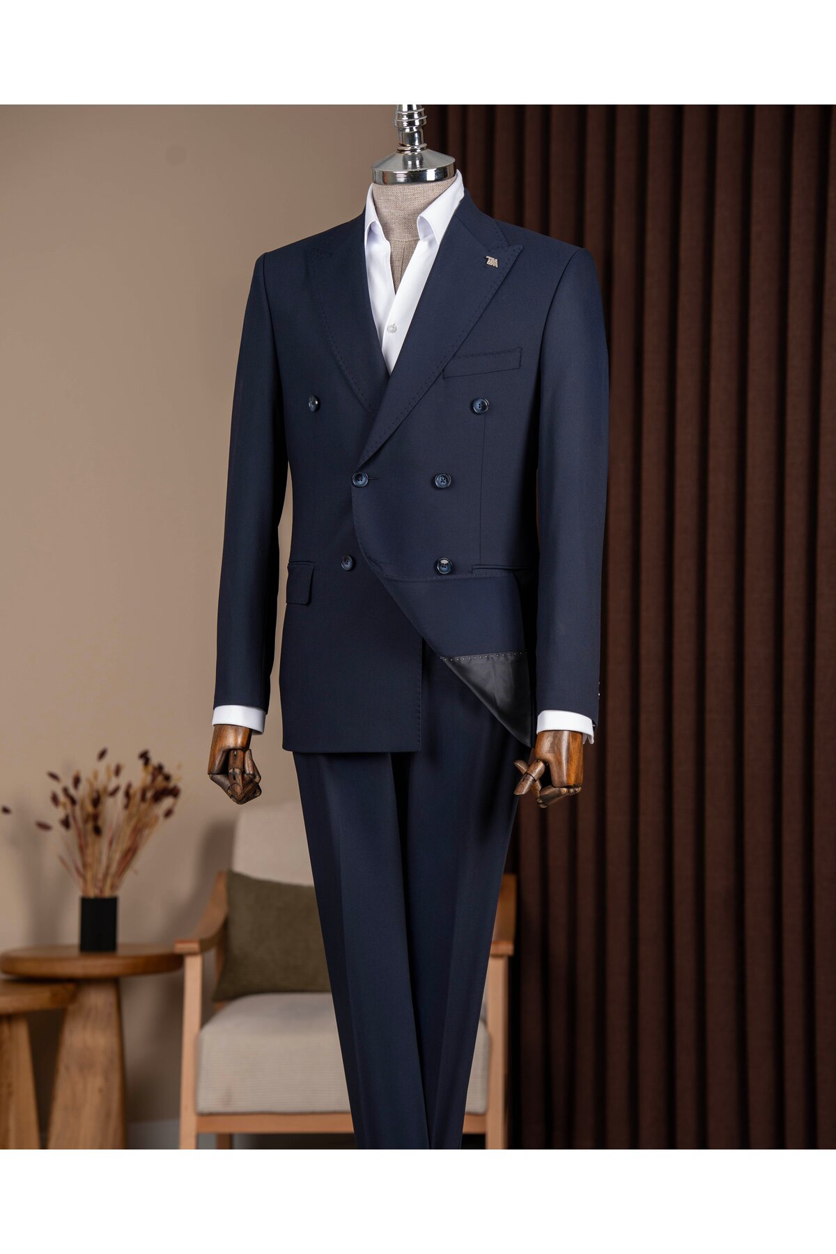 TerziAdemAltun Slim Fit Men's Pointed Collar Double-Breasted Jacket Pants Suit Navy Blue T20139-02