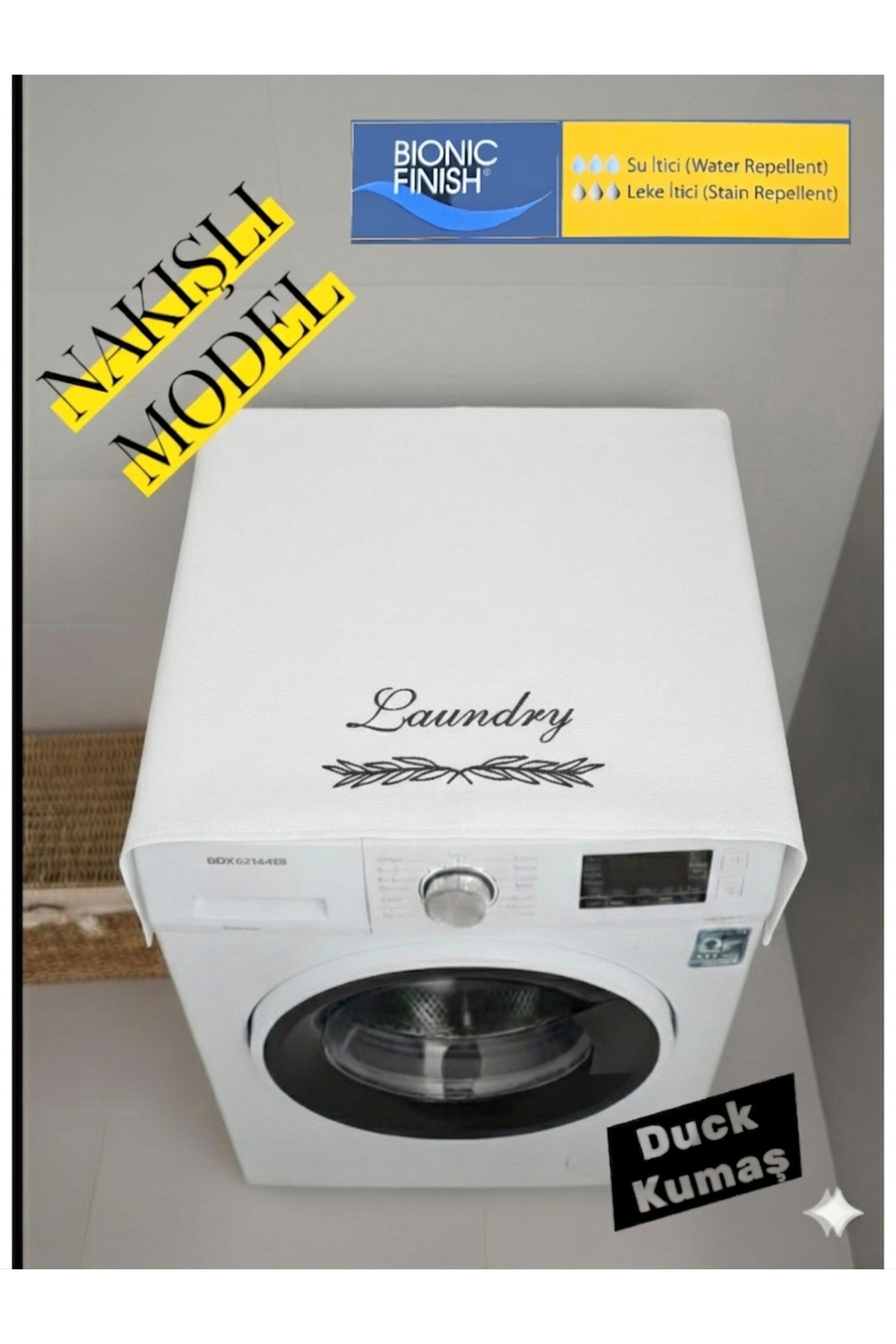 BeybiNest Çamaşır Makinası Örtüsü Duck Kumaş Nakışlı Model Beyaz