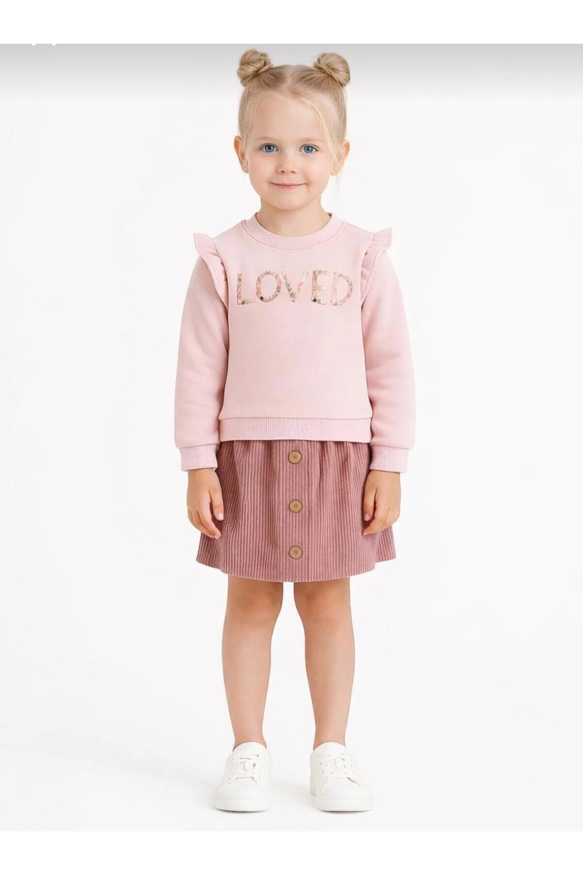 Girl "Loved" Embroidered Sweatshirt and Velvet Skirt 2 PieceSet-107581P