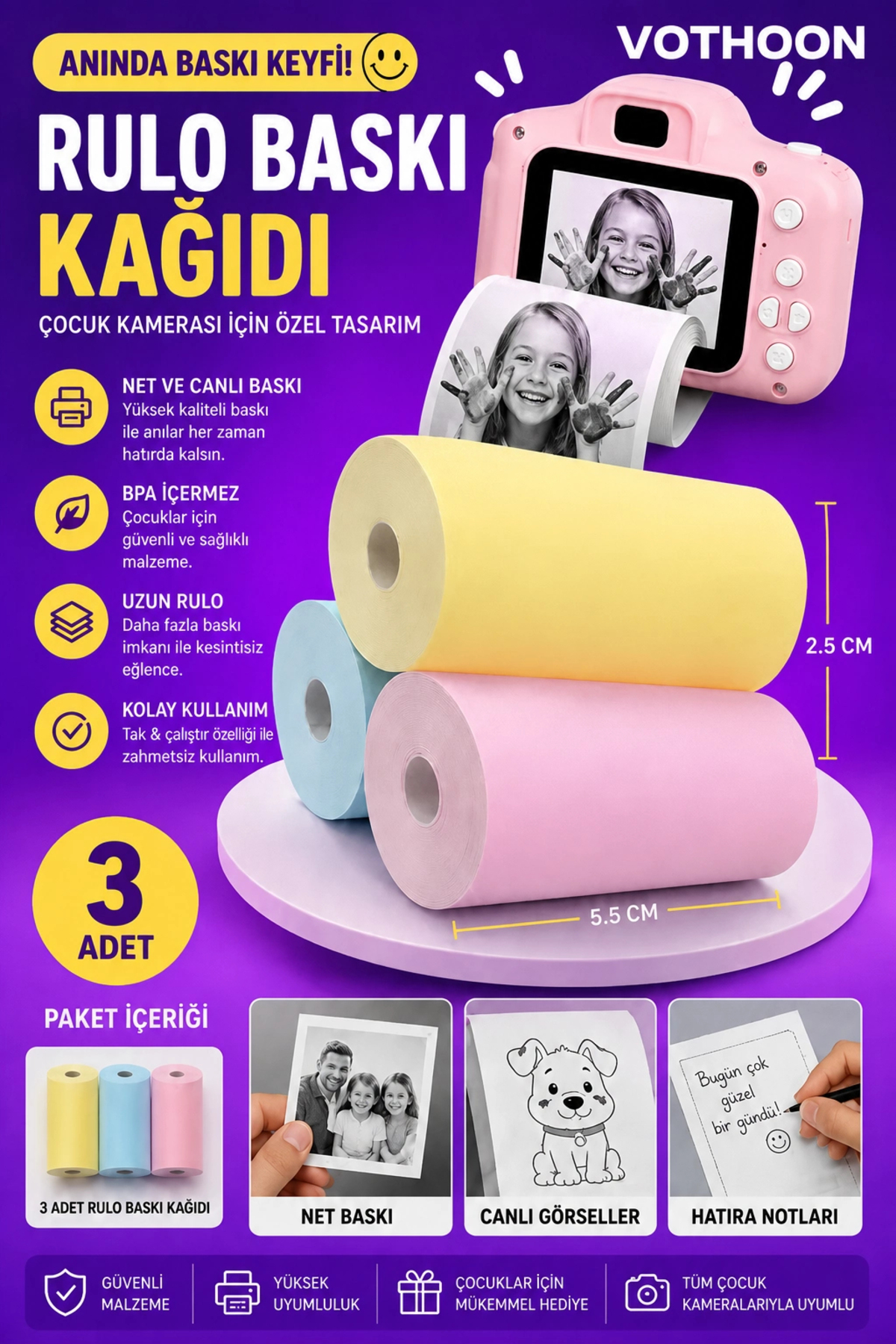 Vothoon Çocuk Fotoğraf Makinesi Yedek Termal Baskı Kağıdı Renkli (3 Lü Rulo) – 57x25mm