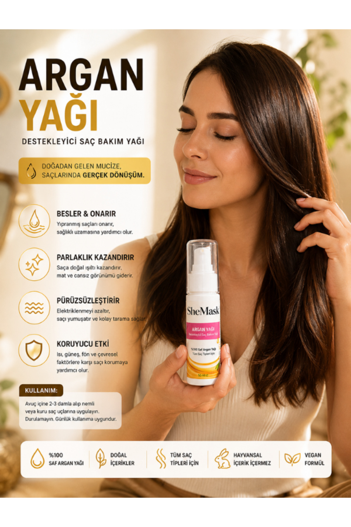 Argan Yağı Saç Yağı Saç Bakım Yağı E Vitaminli Isı Koruyucu Yıpranmış Saç Bakım Saç Isı Koruyucu Parlaklık Veren Besleyici Onarıcı Saç Bakımı Yağı Elektriklenme Karşıtı Saç Bakım Ürünleri Saç Vitamini — SheMask-Argan-Yağı-50ML — تصویر 3 از 8