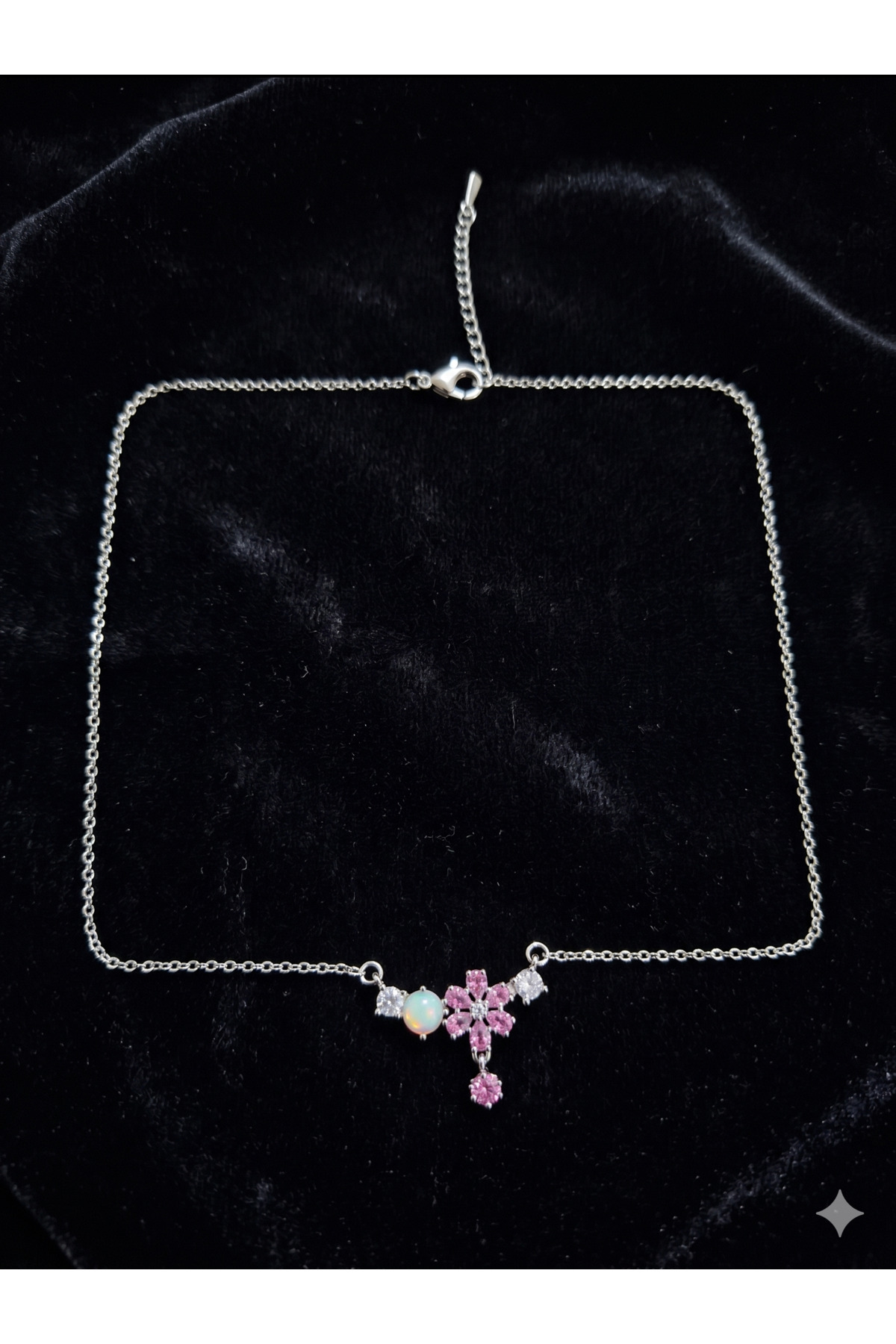 Gümüş Rengi Pembe Zirkon ve Opal Taşlı Çiçek Çelik Kolye 2