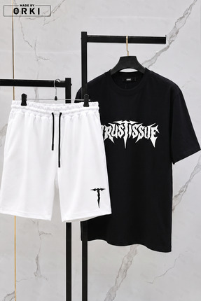 EFFRENATU Unisex Oversize Baskılı Tişört Şort Takımı 2’li Yazlık Rahat Kesim ...