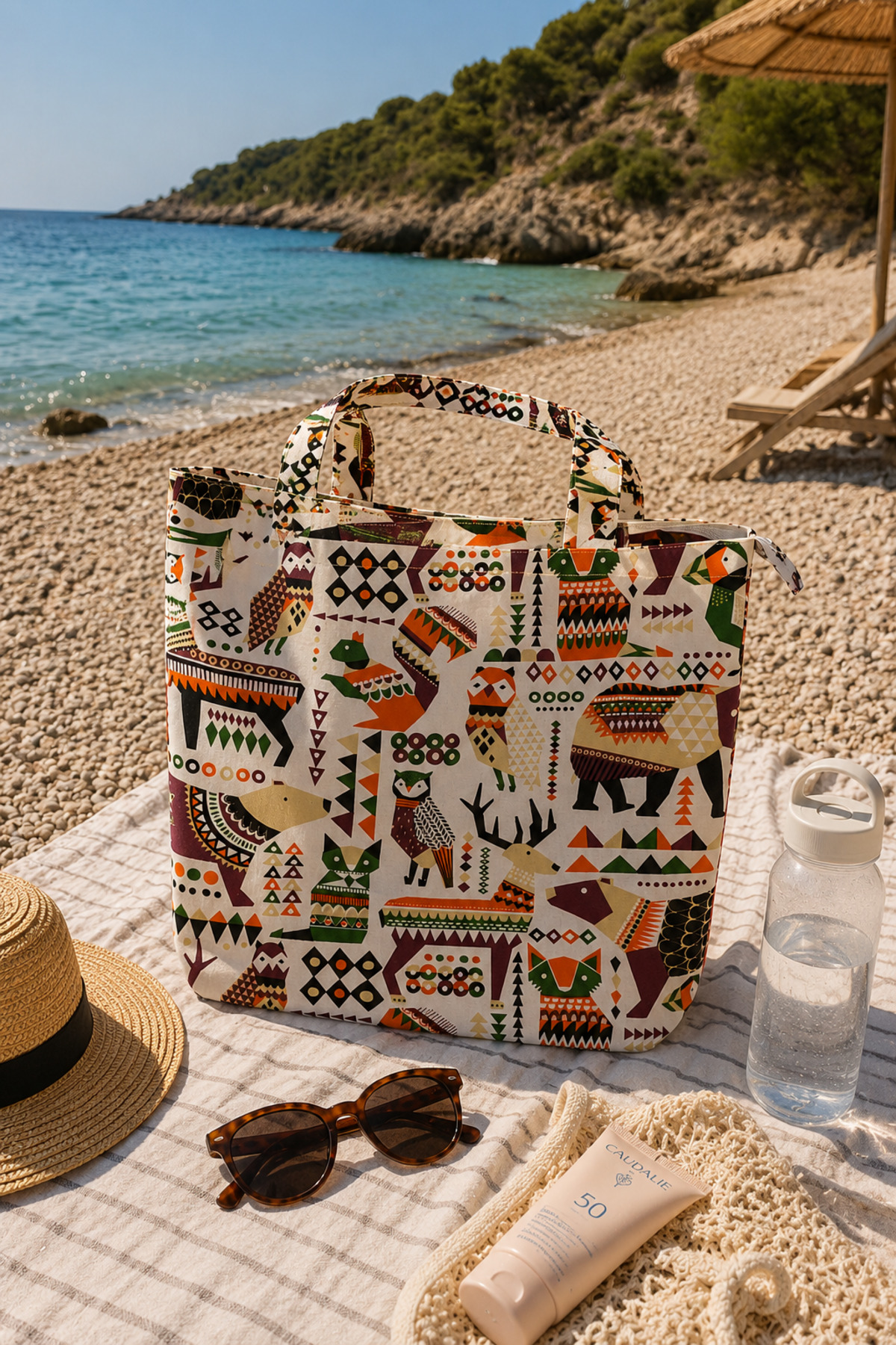 MIORA BAG Etnik Figür Desenli Ön Cepli Plaj Çantası- Duck Kumaş görsel 2