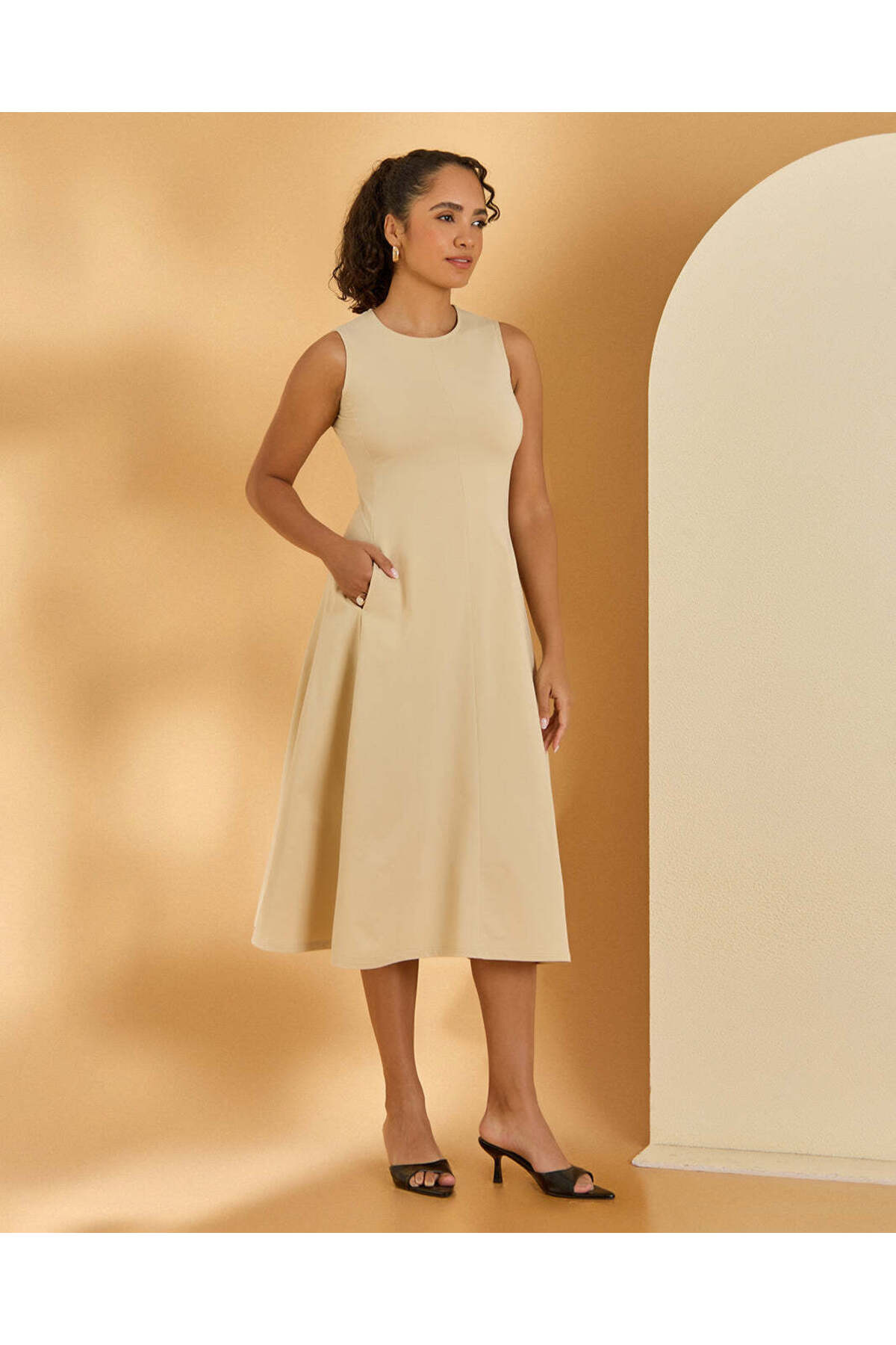REDTAG Women Beige Sleeveless Midi Dress