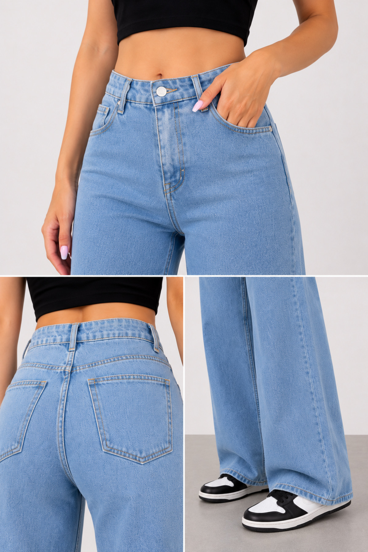 Lighter Jeans Açık Mavi Likralı Wide Leg Palazzo Jean Yüksek Bel Bol Paça Kadın Pantolon görsel 6