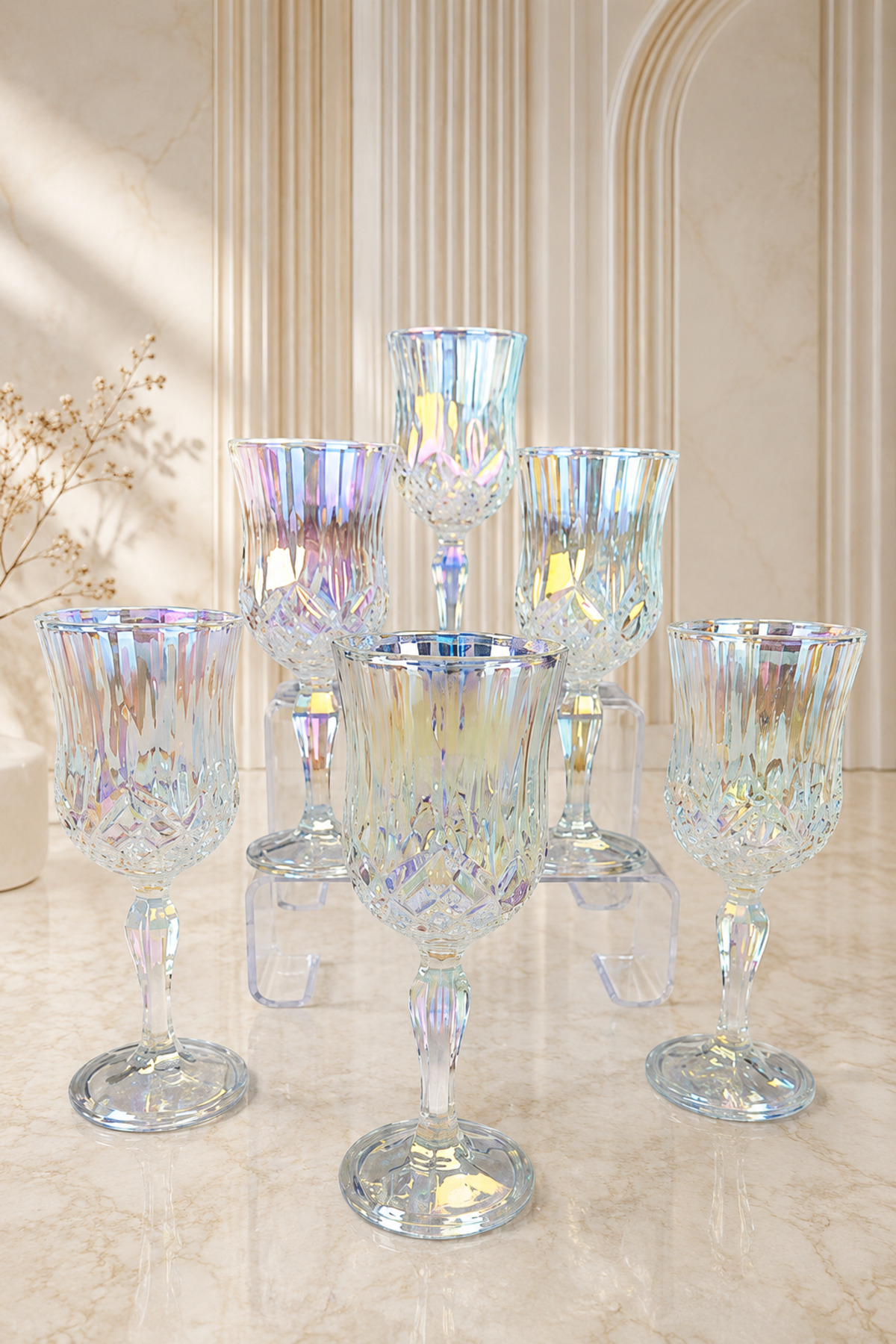 Glow Art Series 210 cc Titanium Coating Iris Reflective Footed Glass Presentation Cup – Premium Presentation Set of 6