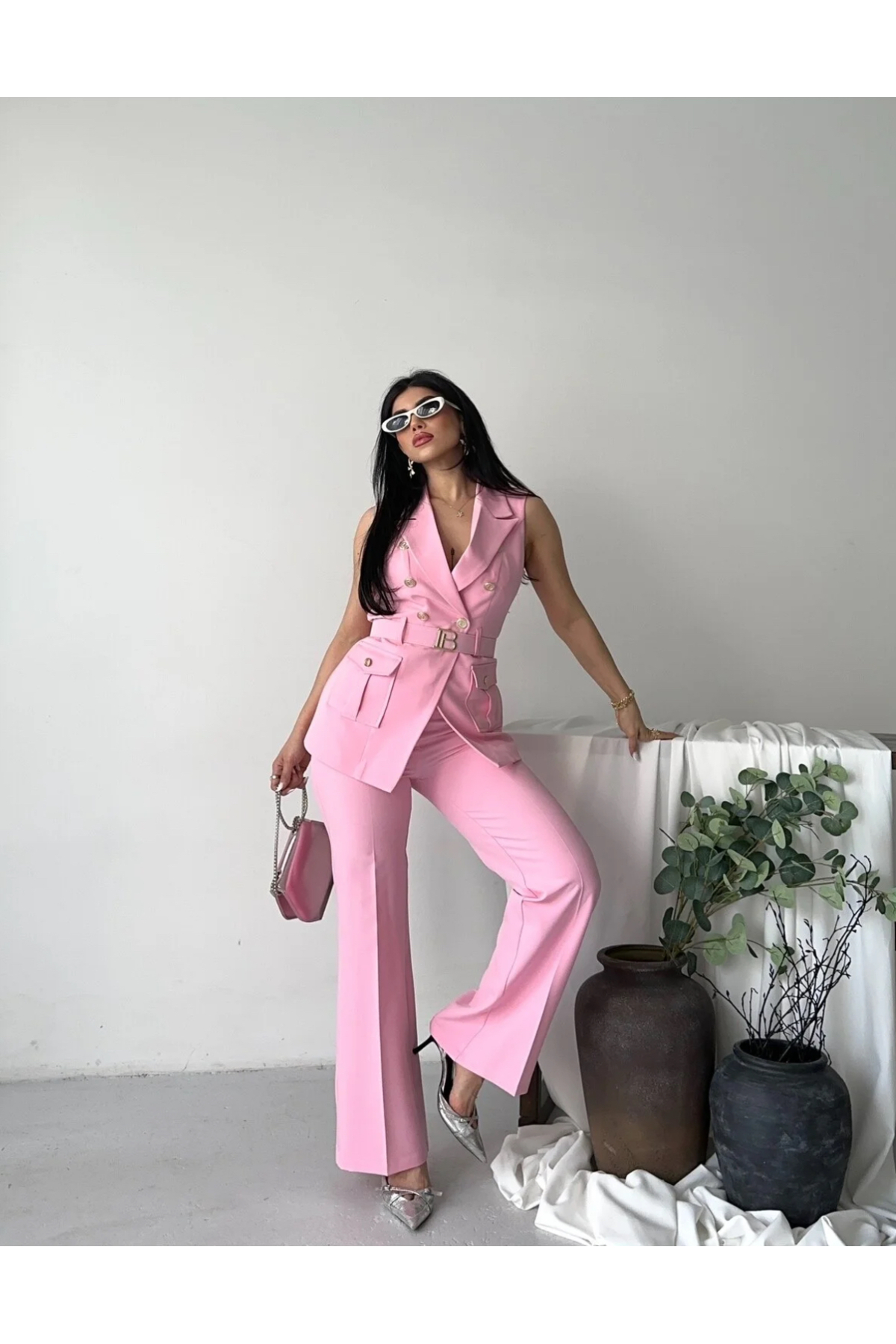 Gold Buttoned Vest Pants Blazer Set with Belt Accessory