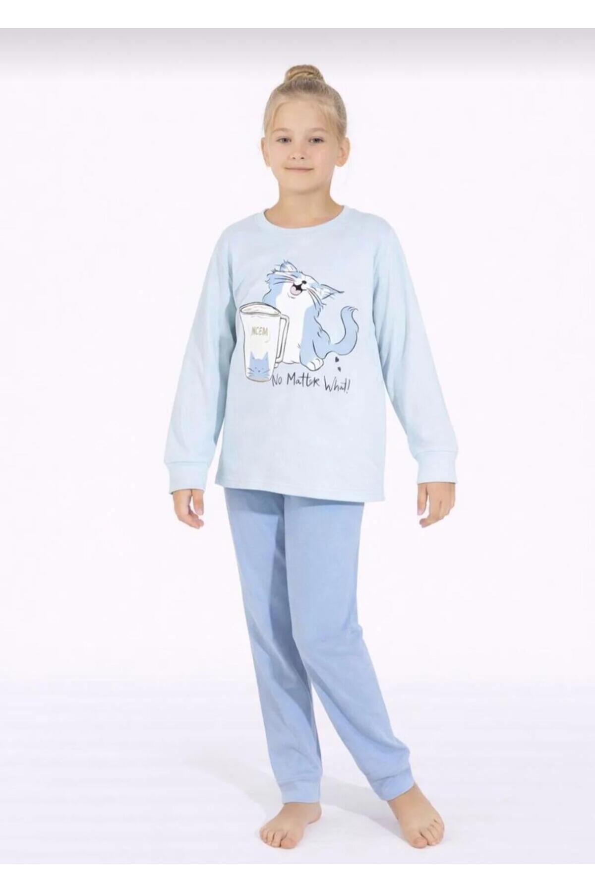 Girl Cat Printed Long Sleeve Pajamas Set – Comfortable Homewear -8411-