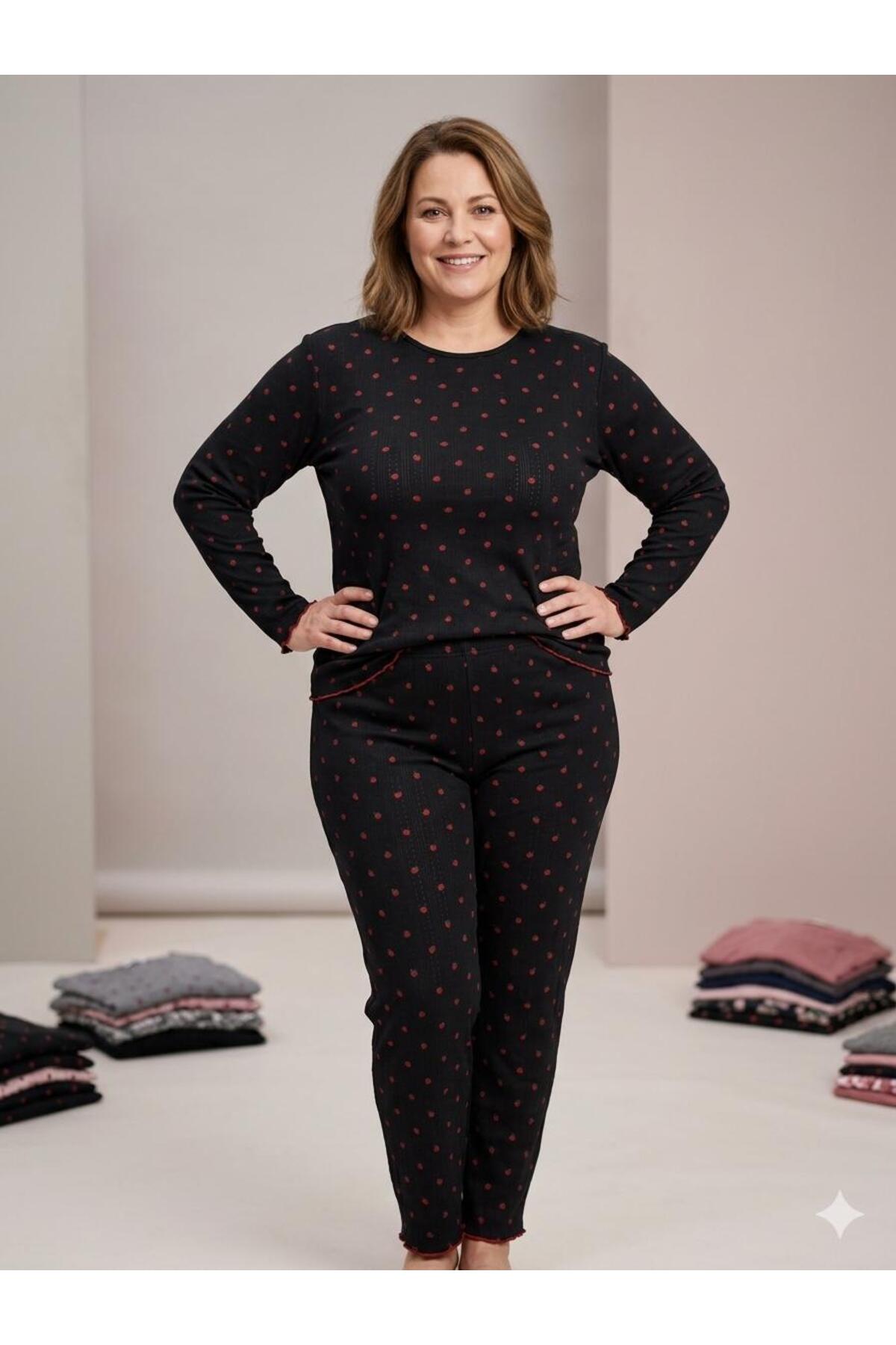 fameshomewear Yazlık Örme Kalp Desenli Siyah Kol Büyük Beden Pudra Pijama Takım
