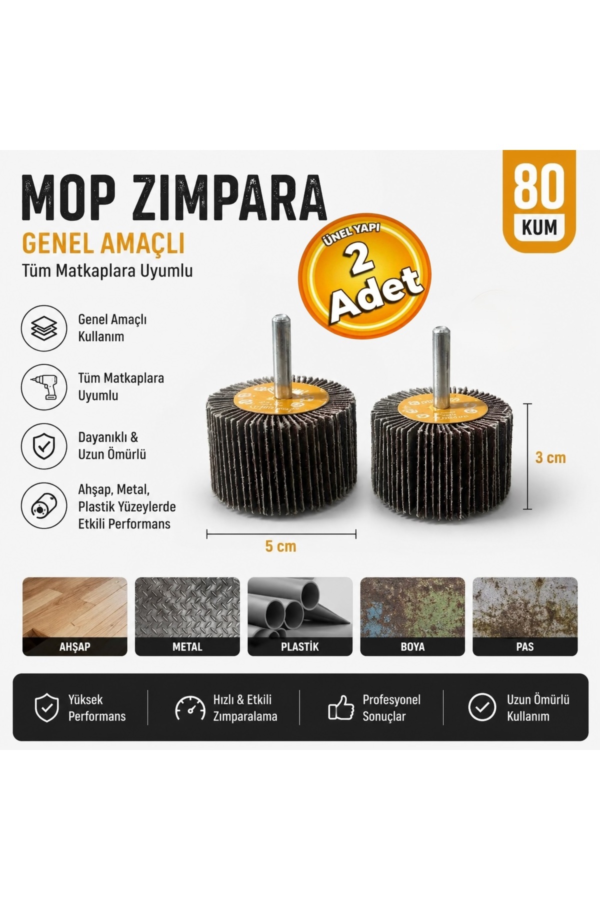 Meşem MSM4565 Saplı Mop Zımpara Matkap Uyumlu 50-30 mm Zımpara (2
