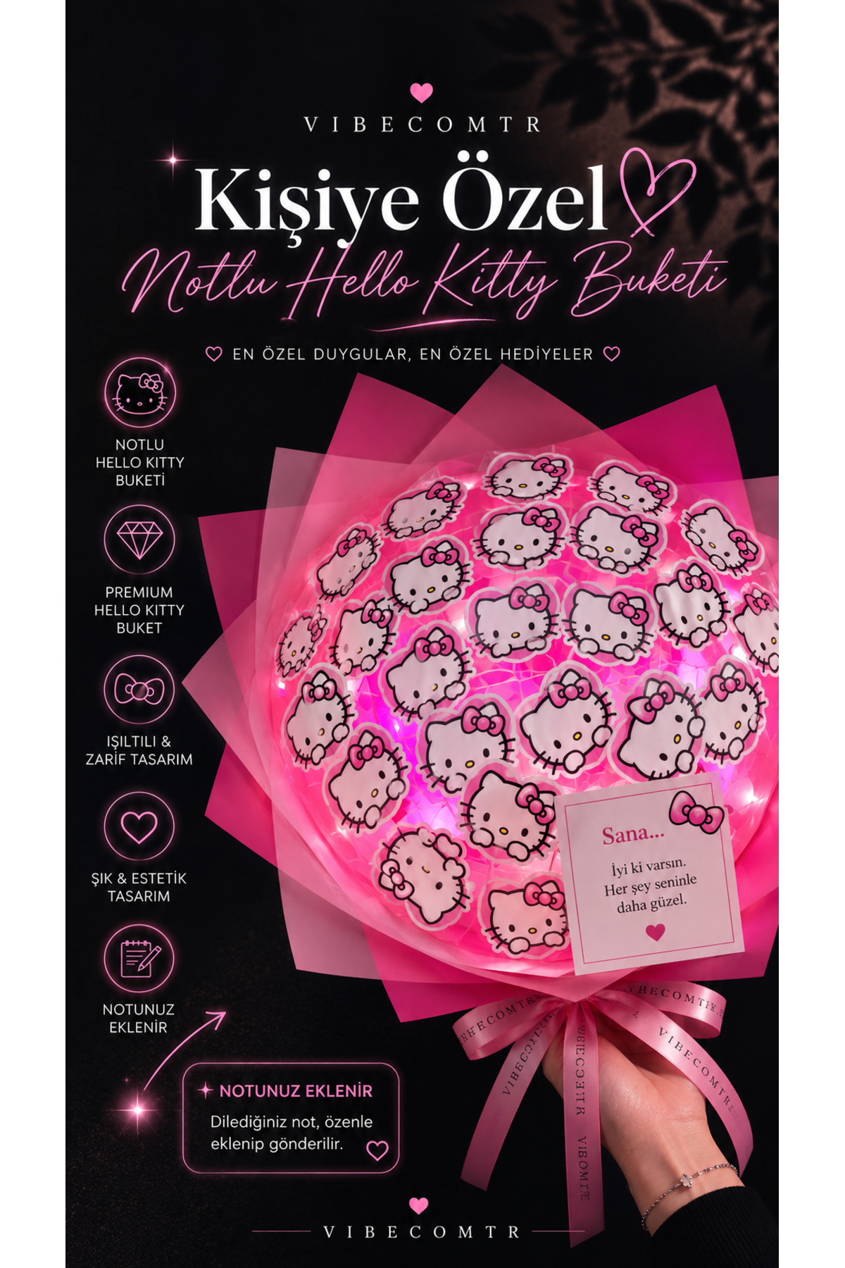 vibecomtr Kişiye Özel Notlu Hello Kitty Buketi – Işıklı Premium