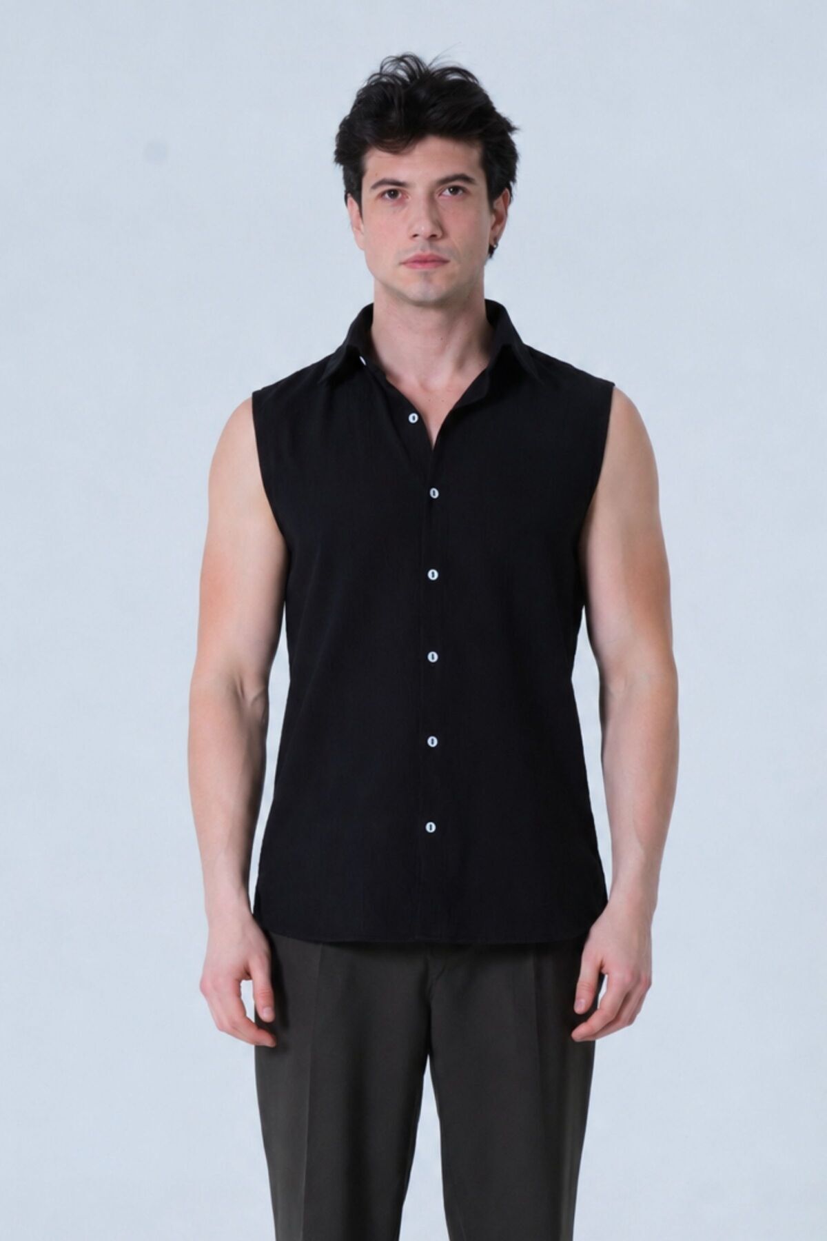 RELAXL 2XS-10XL Kolsuz Erkek Gömlek Yazlık Smart Casual Siyah Gömlek görsel 7