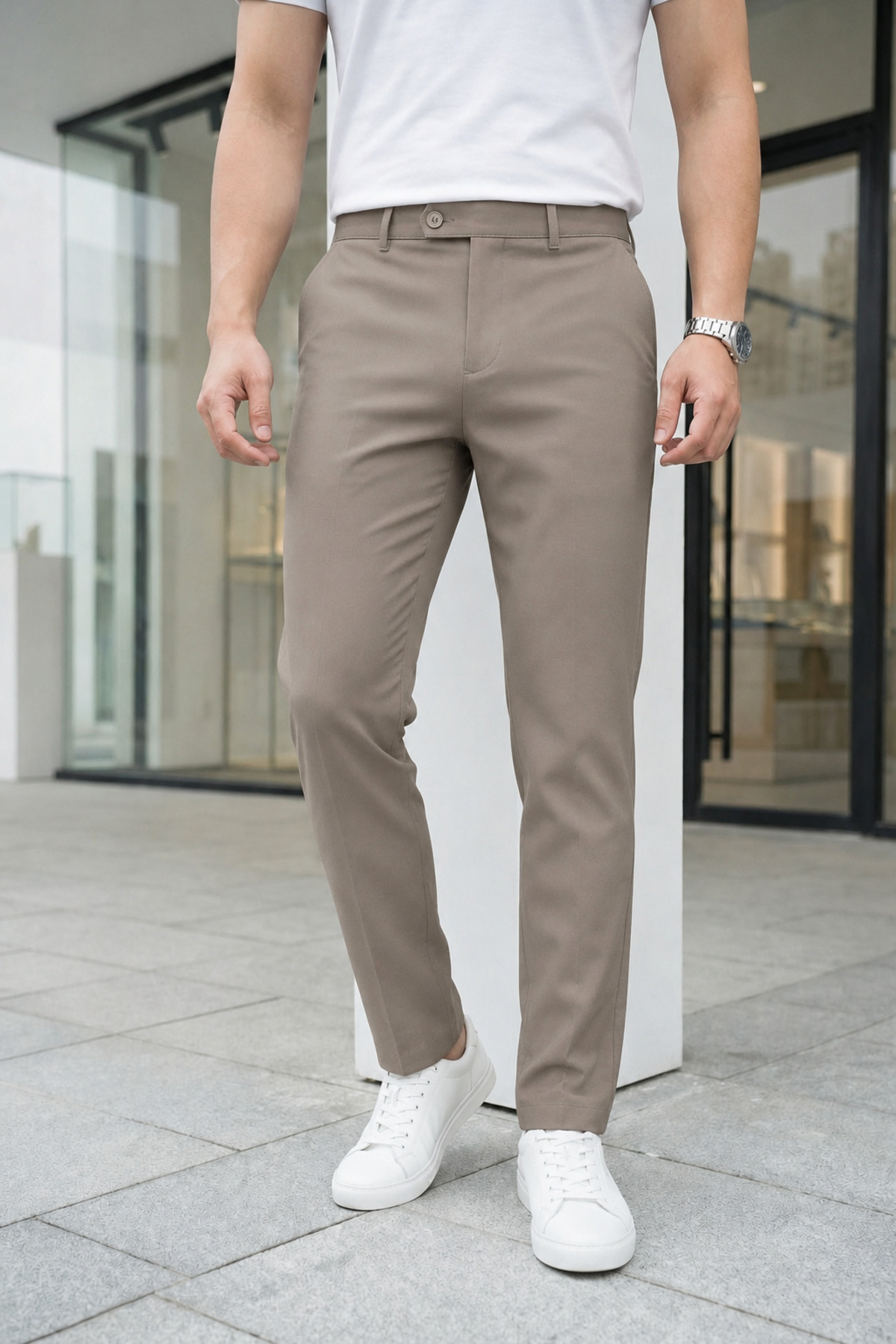 Ser Joven Erkek Vizon Slim Fit Likralı Yan Cep Bilek Boy Düz Kumaş Pantolon