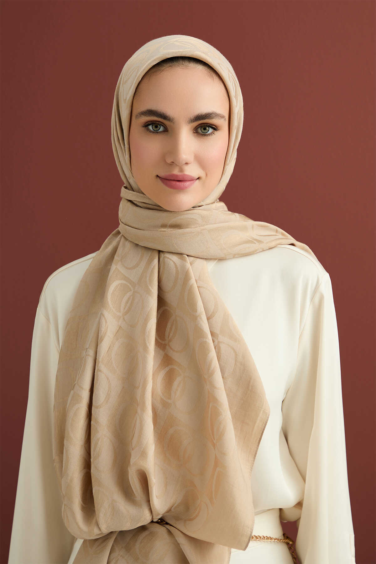 Checkers Pattern Beige Naia Cotton Shawl 70x200