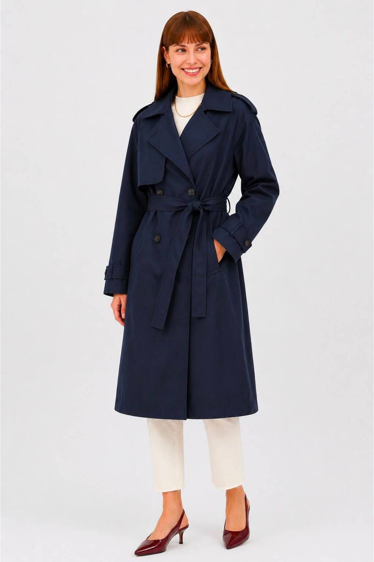 RESSHO Kadın Kemerli Uzun Trençkot, Su Geçirmez, Astarlı, Oversize Model