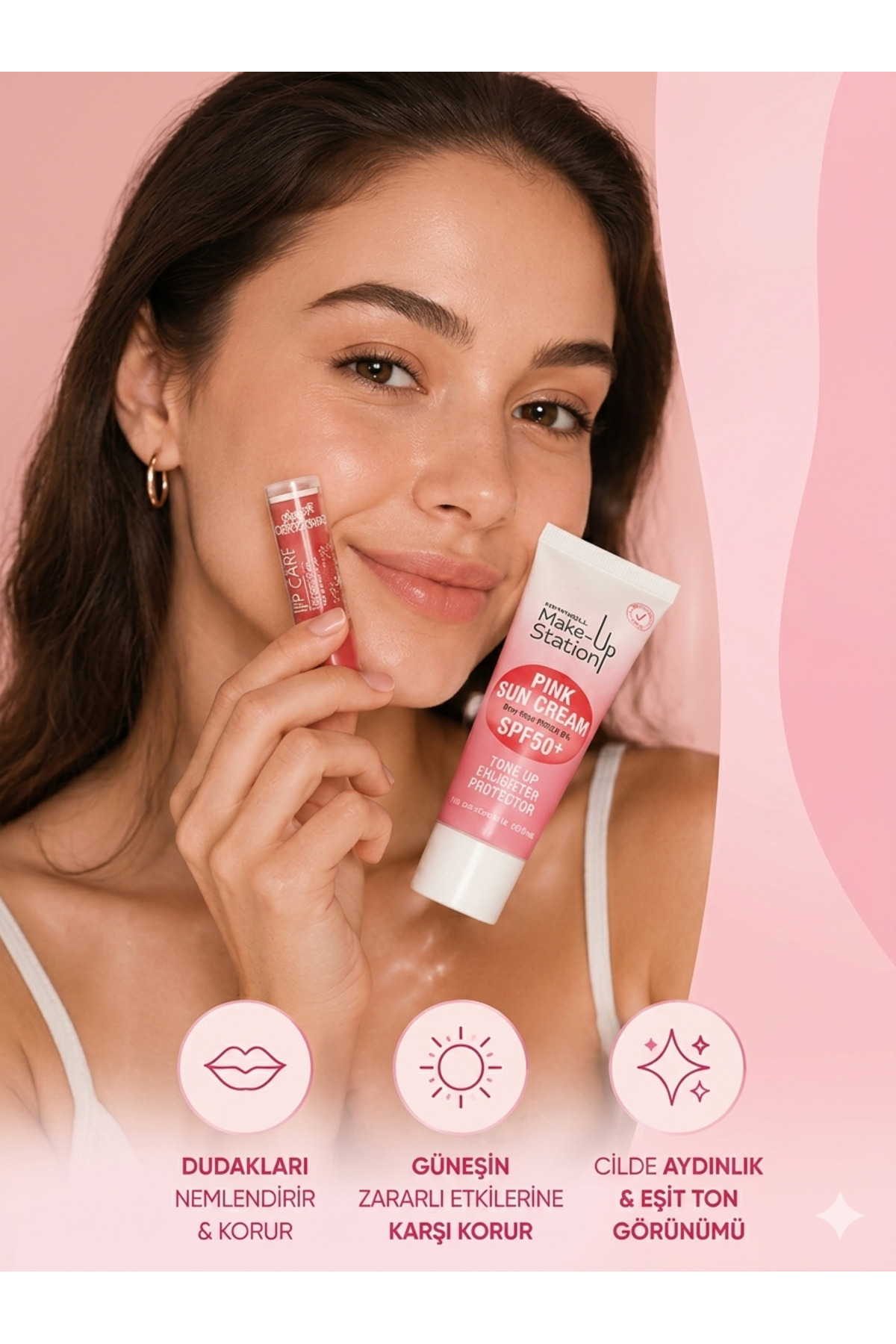 Strawberry Lip Care + Newwell Pink Sun Cream 30 ml SPF50+ İkili Set Dudak Bakımı ve Güneş Koruyucu — güneş kremi — تصویر 3 از 3
