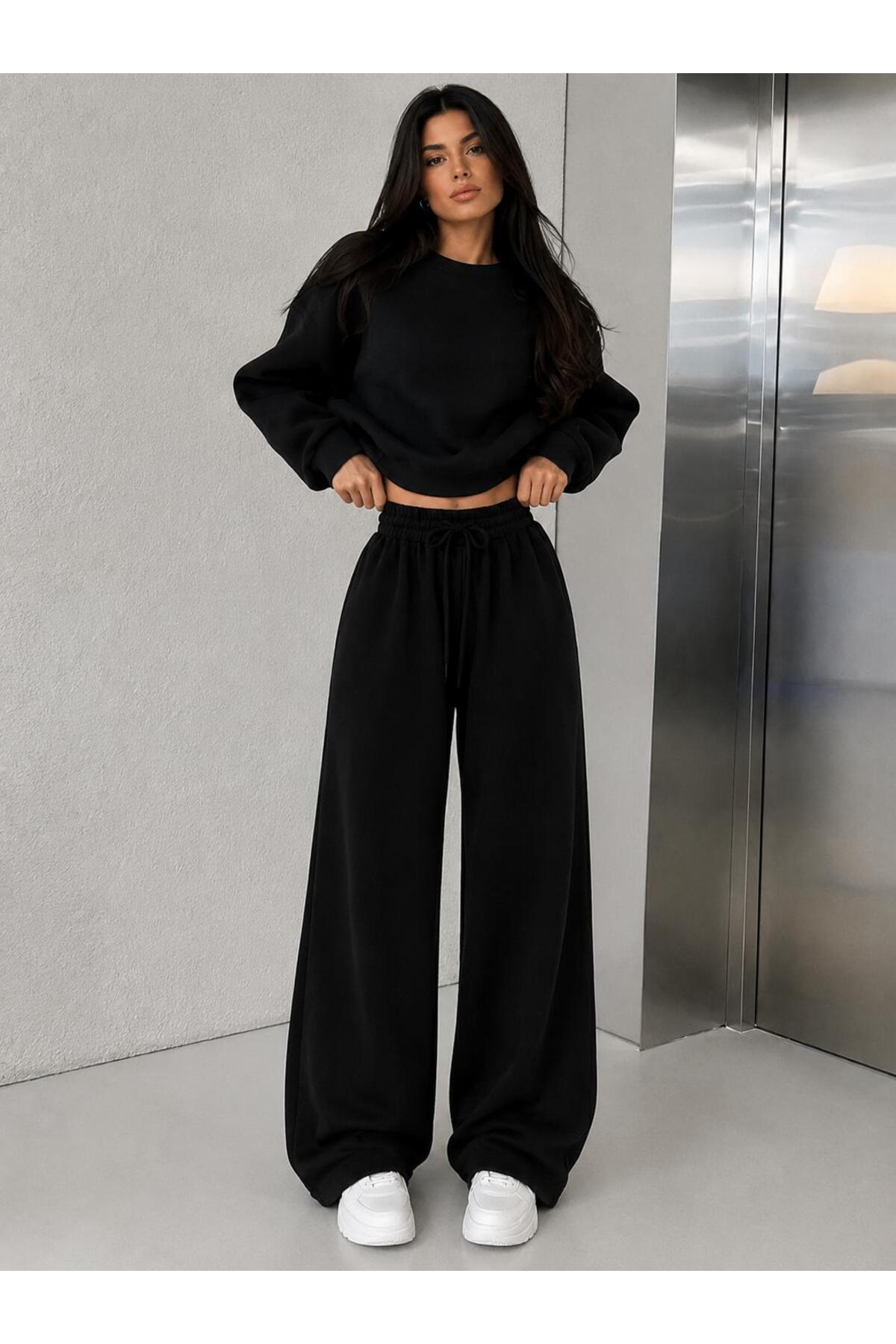 SULVERY 2 ADET SİYAH+GRİ KADIN COMFORT REGULAR BAGGY EŞOFMAN ALTI DÜZ PAÇA görsel 2