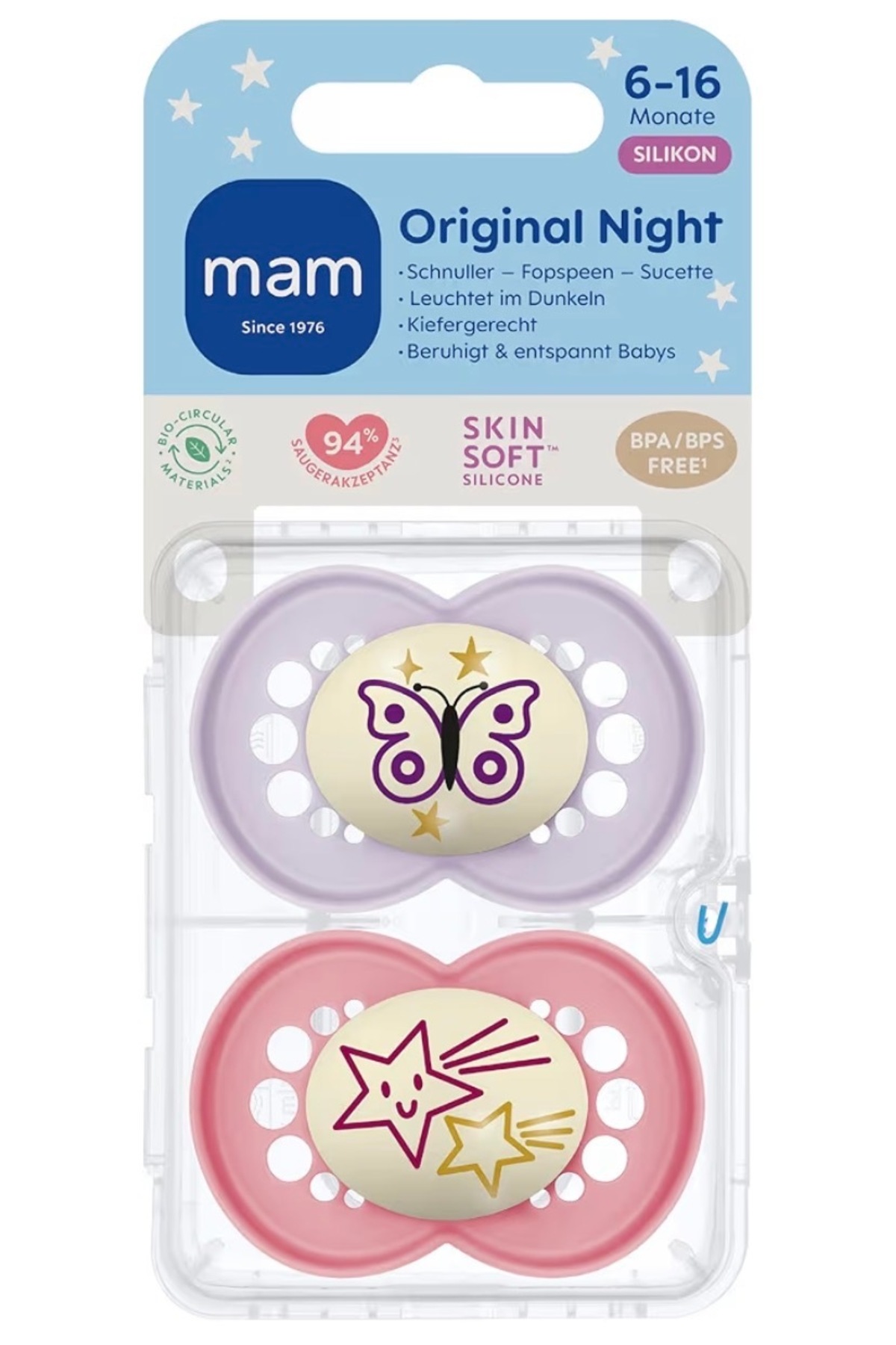 mam様 MAM Orijinal Day&Night Emzik 2'li Set I Sterilize Kutuda I 6-16