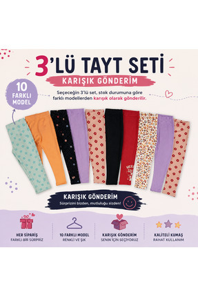 İncili Tekstil Kız Çocuk 3'lü Tayt Seti Karışık Desenli ve Renkli Pamuklu Esn...