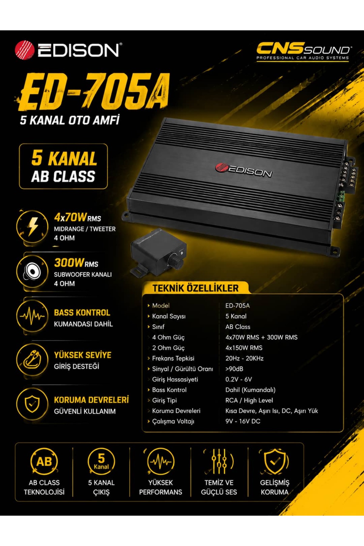 Edison ED-705A 5 Kanal Oto Amfi 4x70W + 300W RMS Bass Kontrol