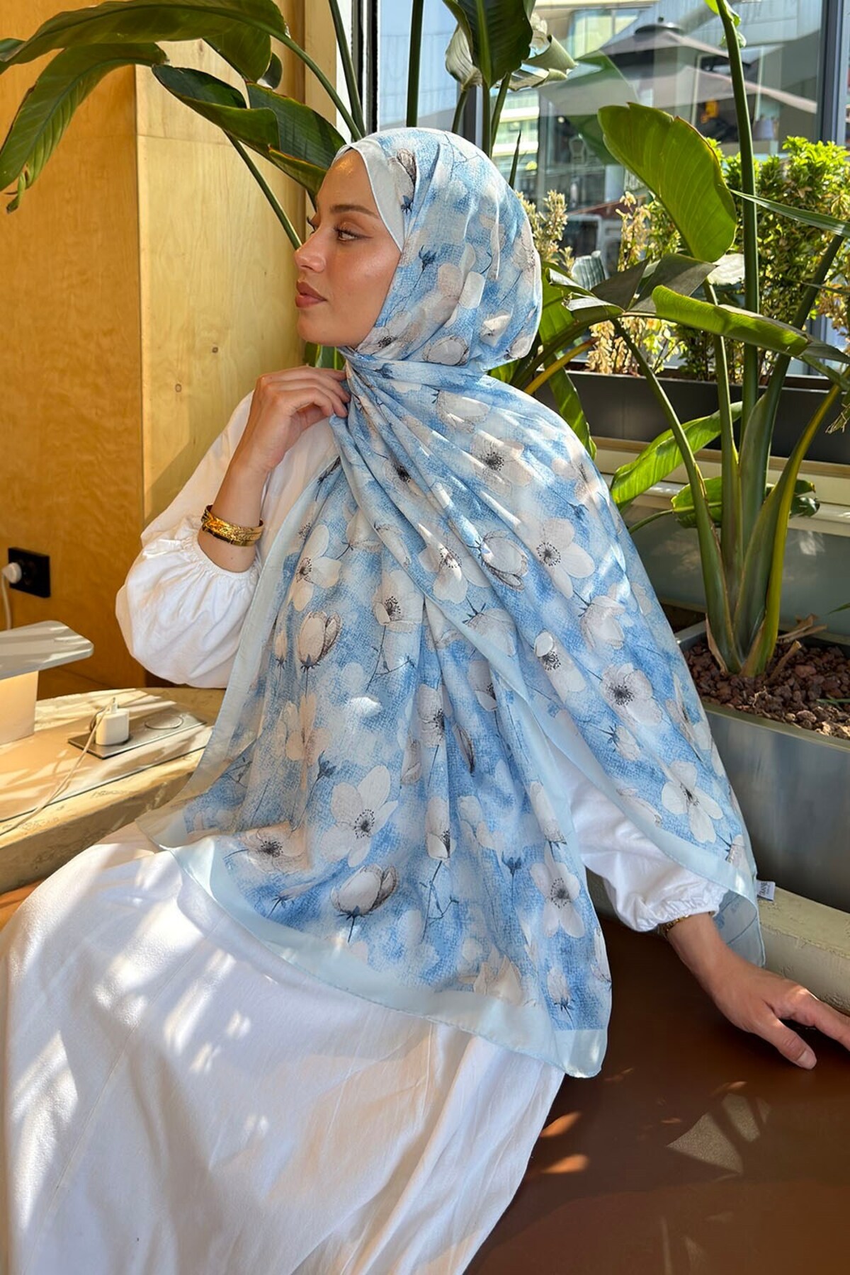 lamelif Çiçek Desen Lara Soft Şal Bebe Mavisi görsel 3