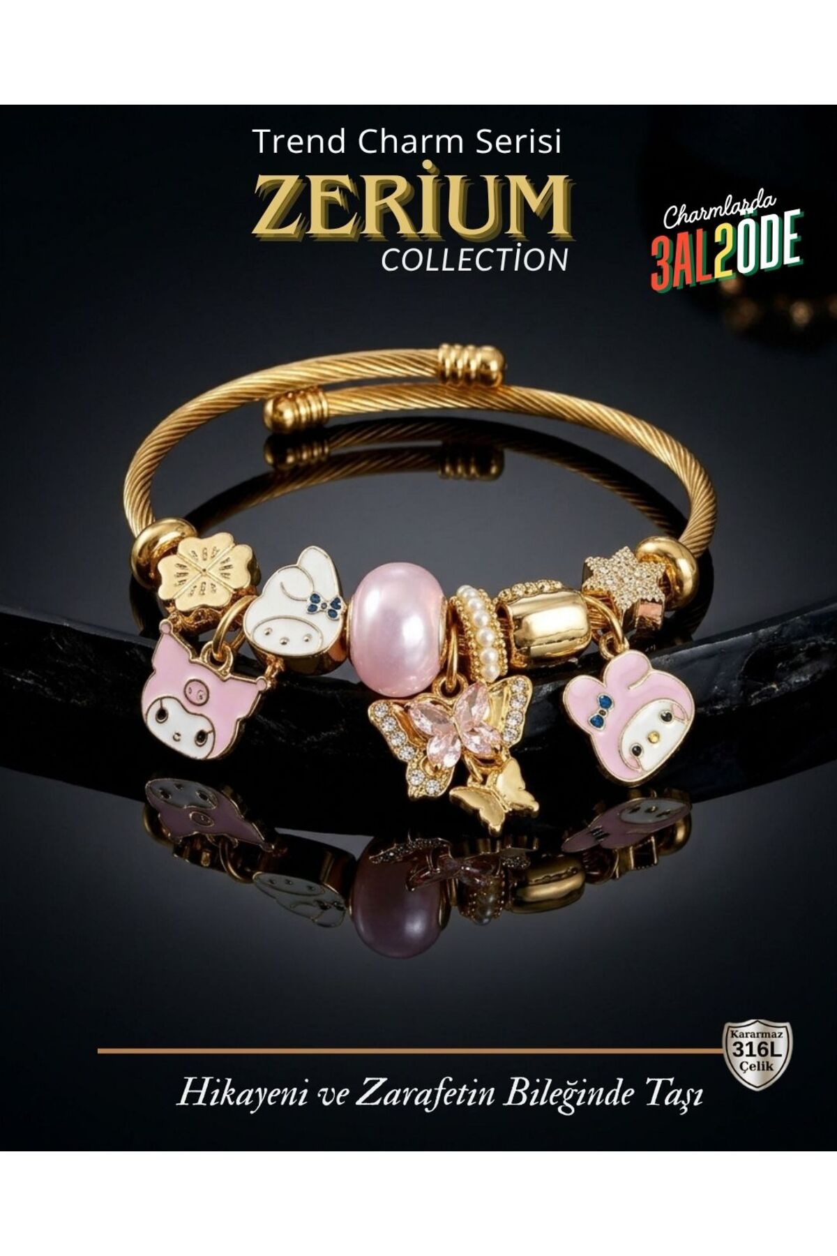 Modern Steel Stylish Women's Charm Steel Bracelet Pink Kuromi and Heart Butterfly